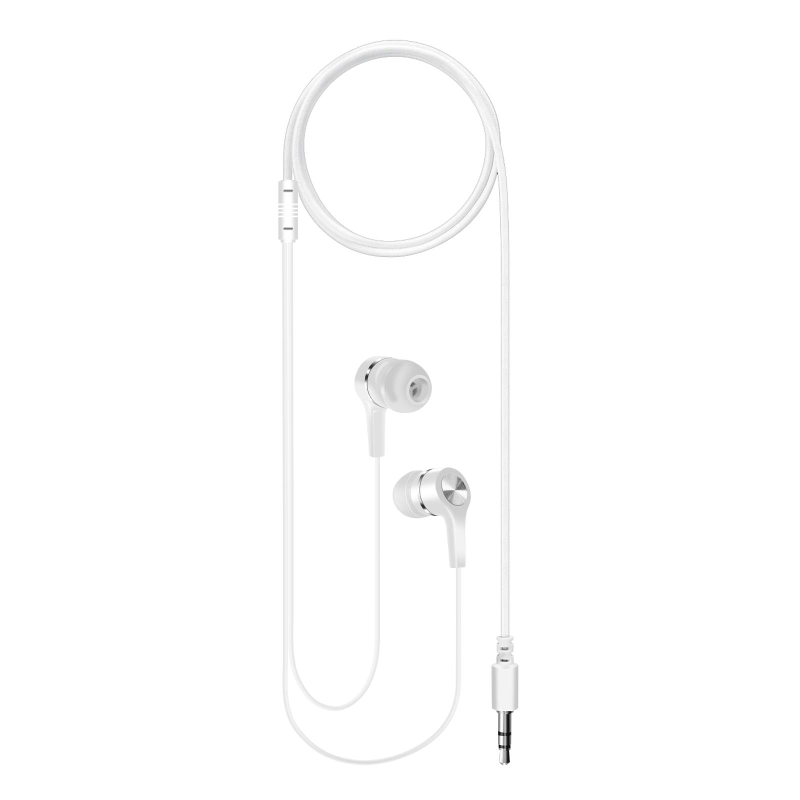 Weiße Kopfhörer mit weißem Kabel. Die Kopfhörer sind silber und weiß. Weißer Hintergrund.
