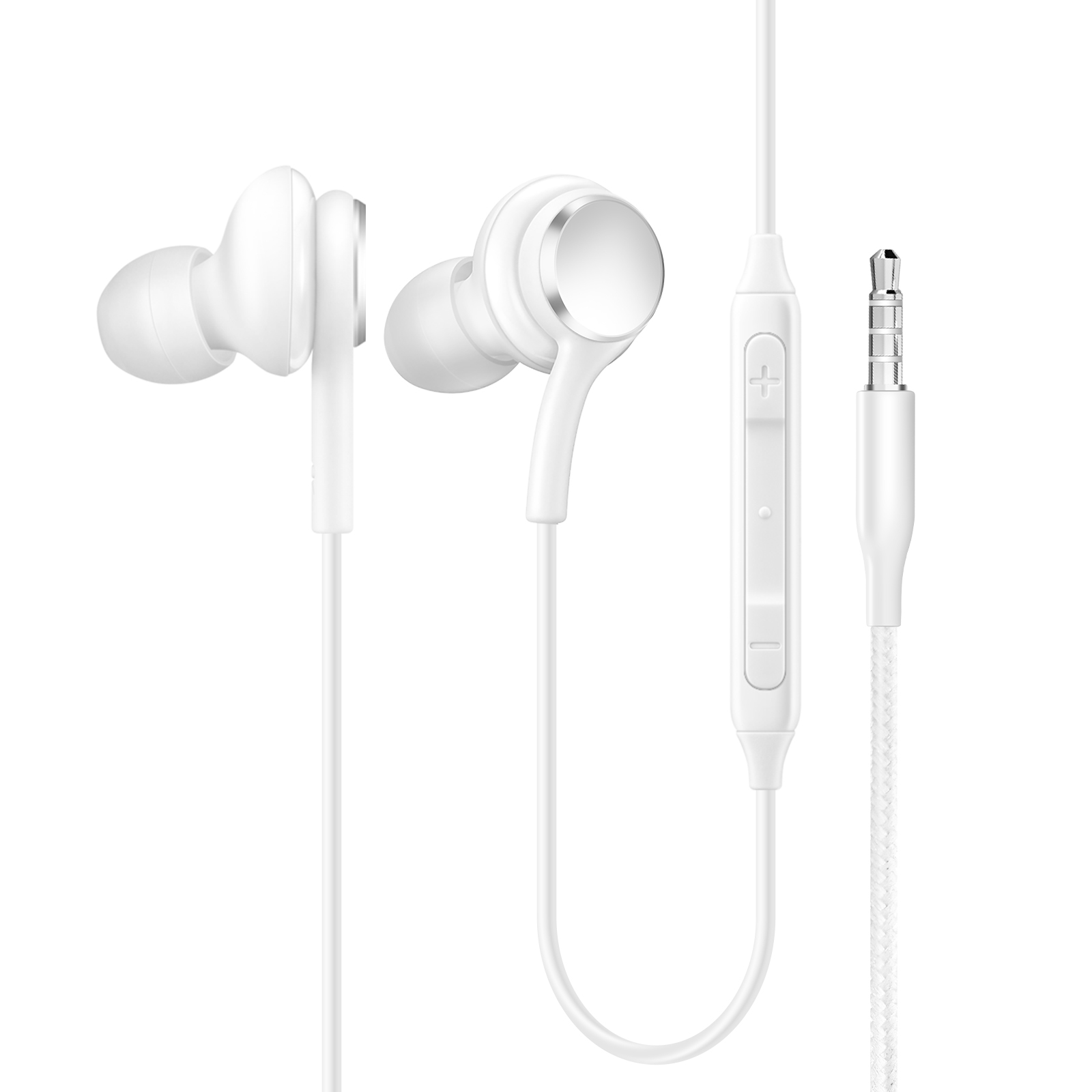 Auriculares blancos con cable, panel de control y conector de 3,5 mm. Cables visibles.