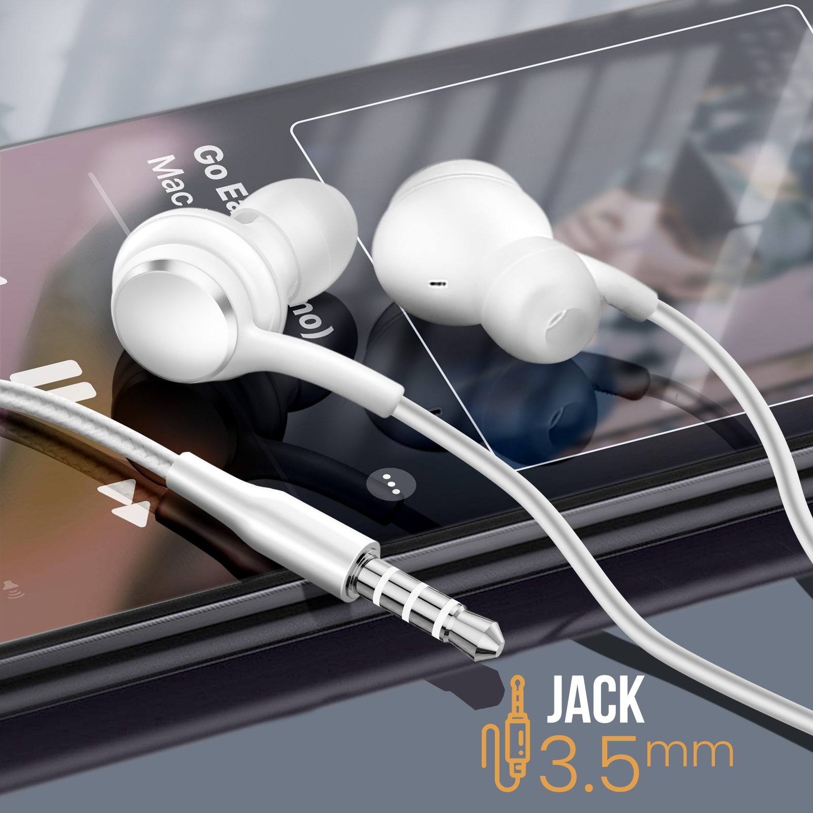 Auriculares blancos con conector de 3,5 mm, conectados a un teléfono. El conector está etiquetado.