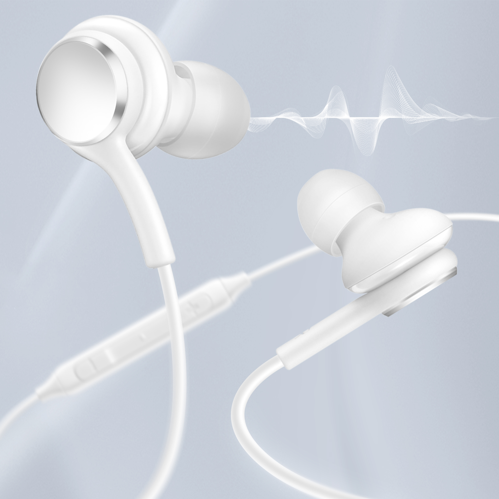 Auriculares blancos con ondas de sonido. Fondo blanco y azul claro. Vista cenital.