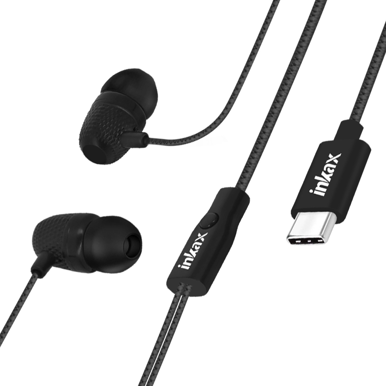 Auriculares con cable negros con cable negro y conector USB-C. Visible el logo inkax.