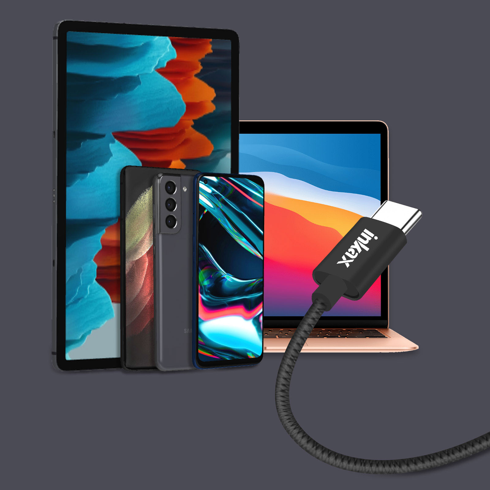 Varios dispositivos con cable USB-C. Tableta, teléfonos y portátil. El cable es negro.