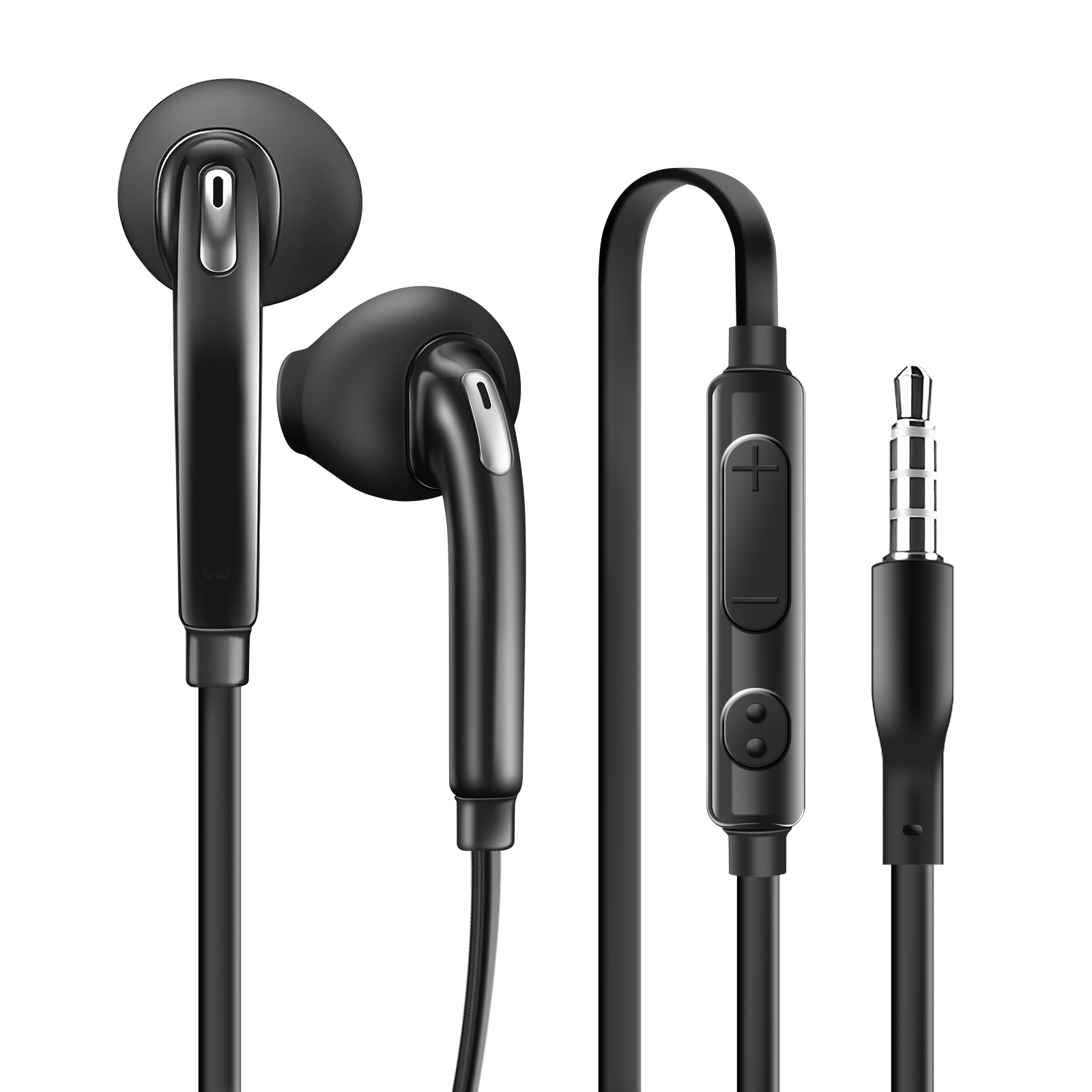 Auriculares negros con módulo de control y conector jack de 3,5 mm.