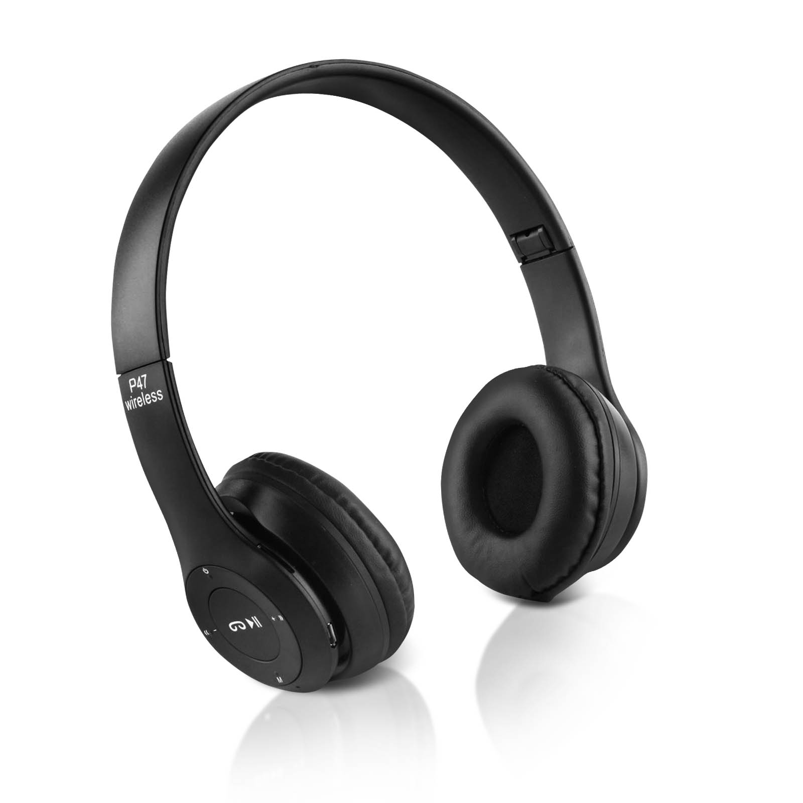 Casque sans fil noir. Le texte "P47 wireless" est sur l'écouteur gauche.