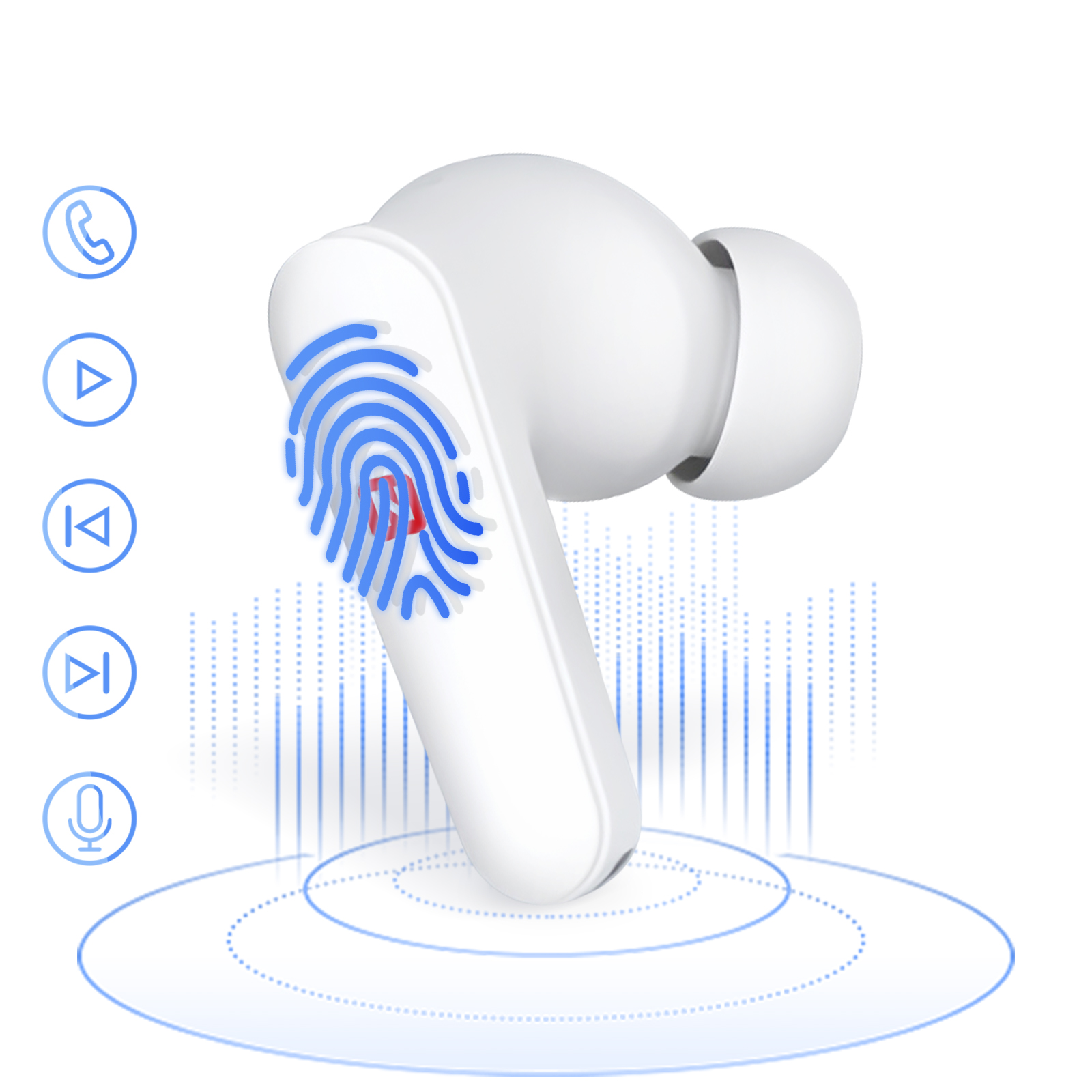 Un auricolare bianco con un'impronta digitale blu e icone. Onde sonore blu sullo sfondo.
