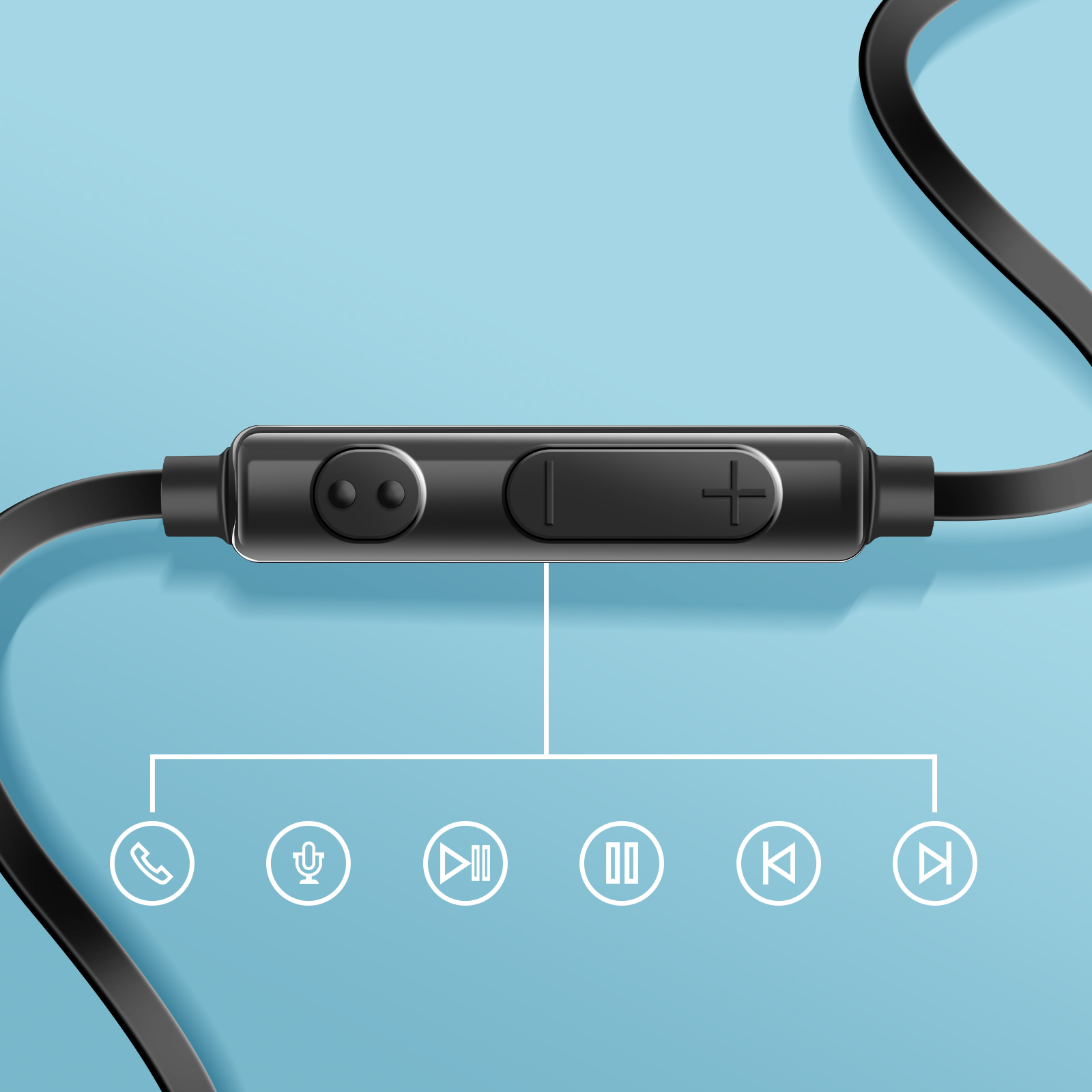 Control negro de auriculares con botones de llamada, micrófono, reproducir/pausa y volumen en azul.
