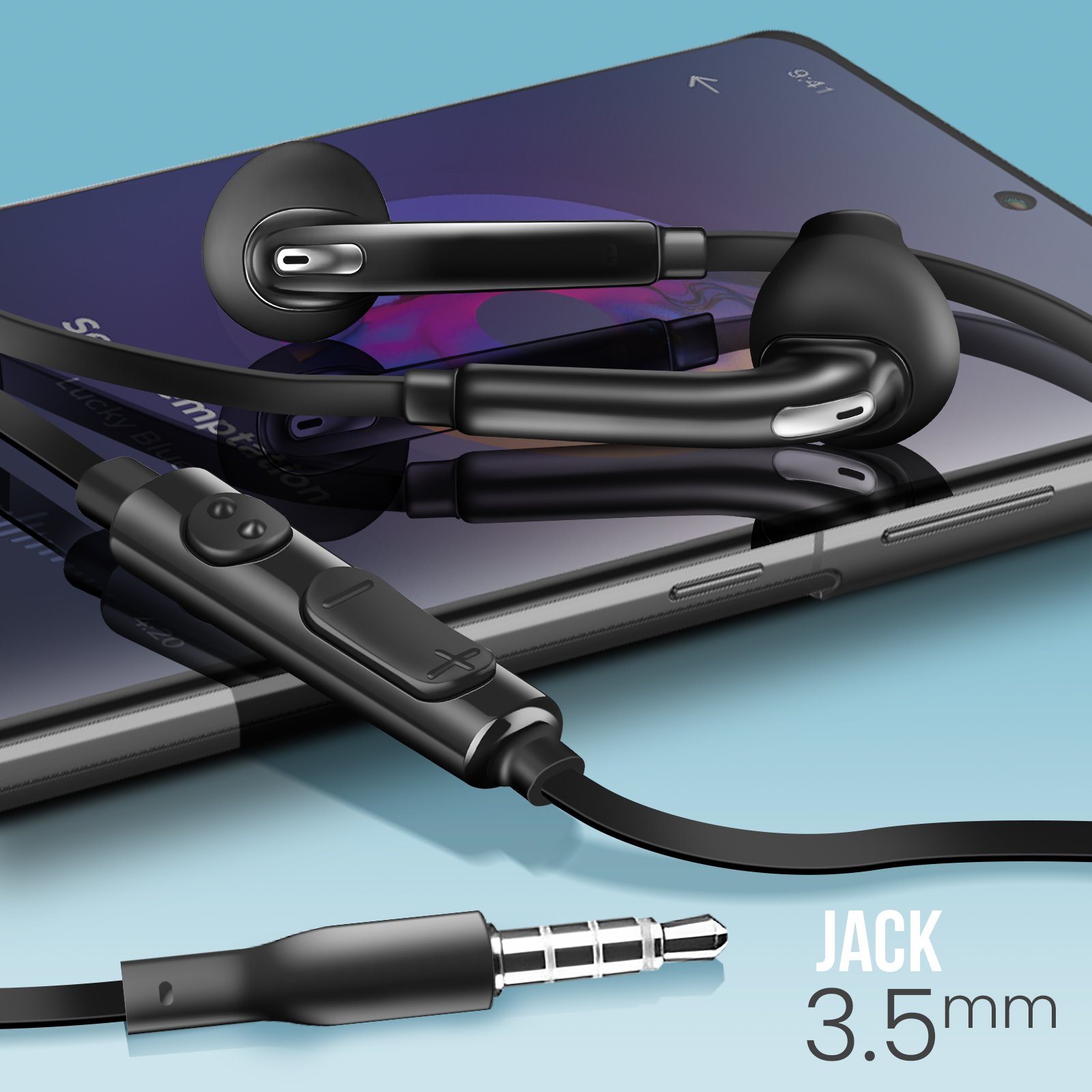 Auriculares negros con conector de 3,5 mm, en una pantalla de teléfono. Fondo azul.
