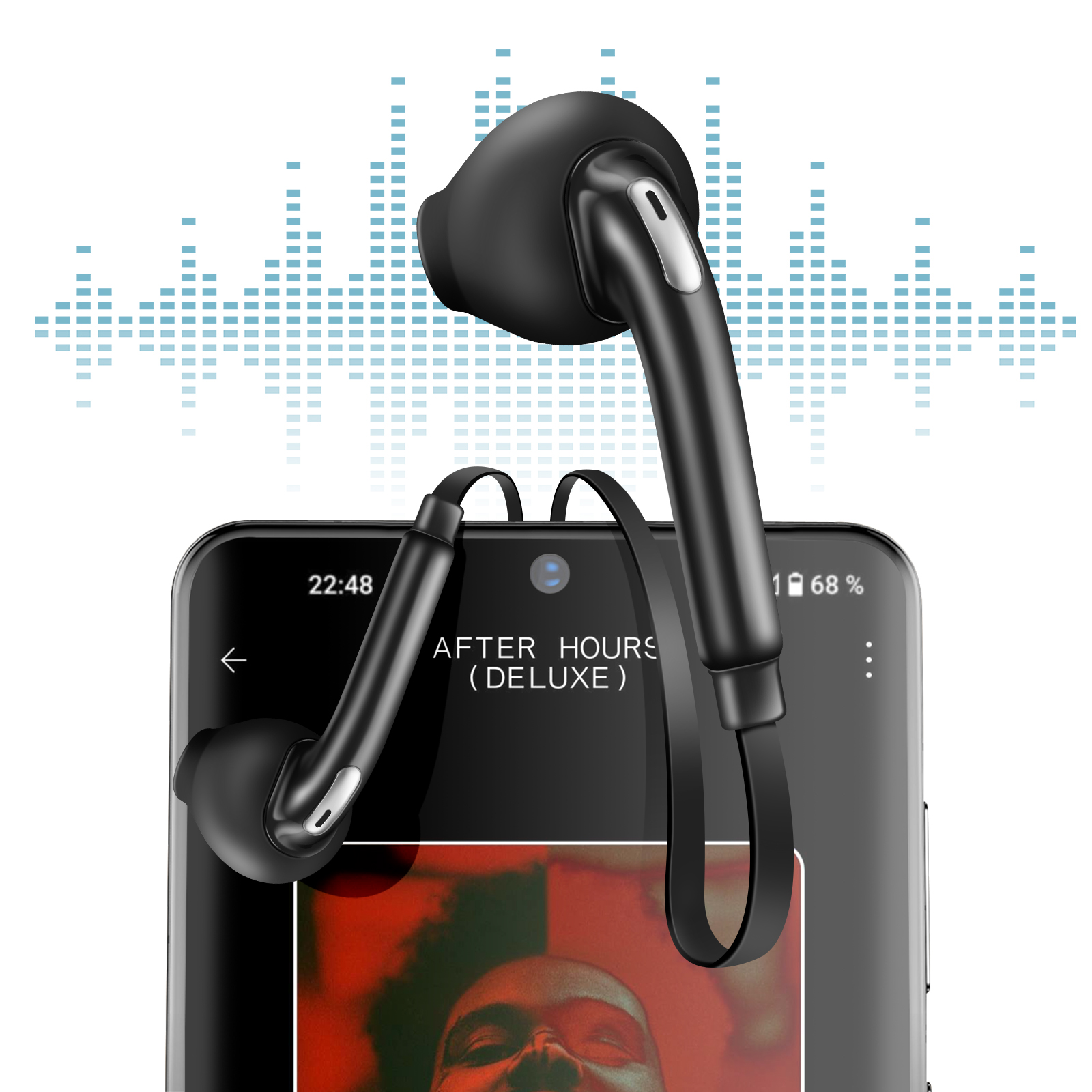 Auriculares negros con un teléfono mostrando música. Onda de sonido azul en el fondo.