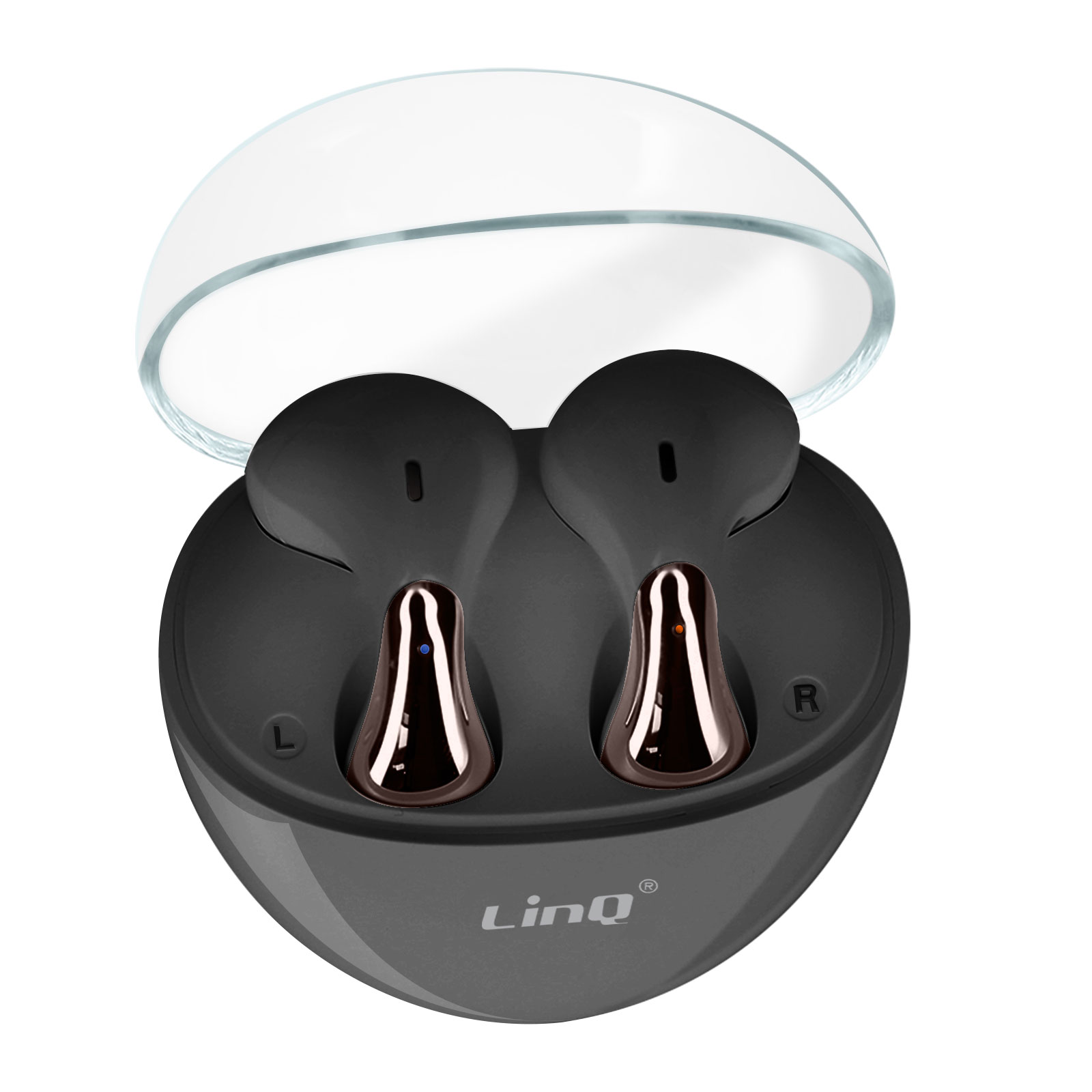 Auricolari wireless neri in custodia nera e trasparente. Dettagli dorati. Sfondo bianco.