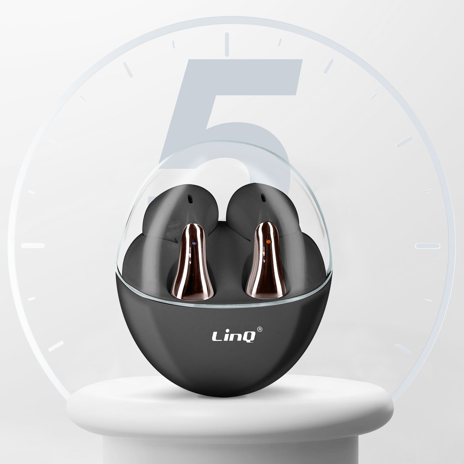 Auricolari neri all'interno di una custodia di ricarica, circondati da una grafica a orologio. Il numero 5 è in alto.