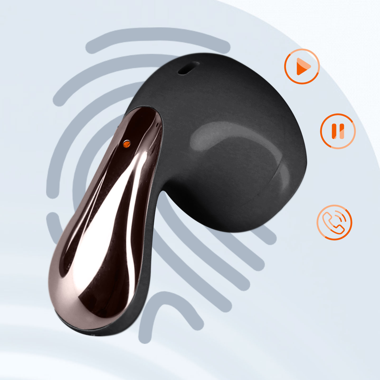 Auricolare nero e bronzo con impronta digitale arancione e icone di funzione: play, pausa, chiamata.