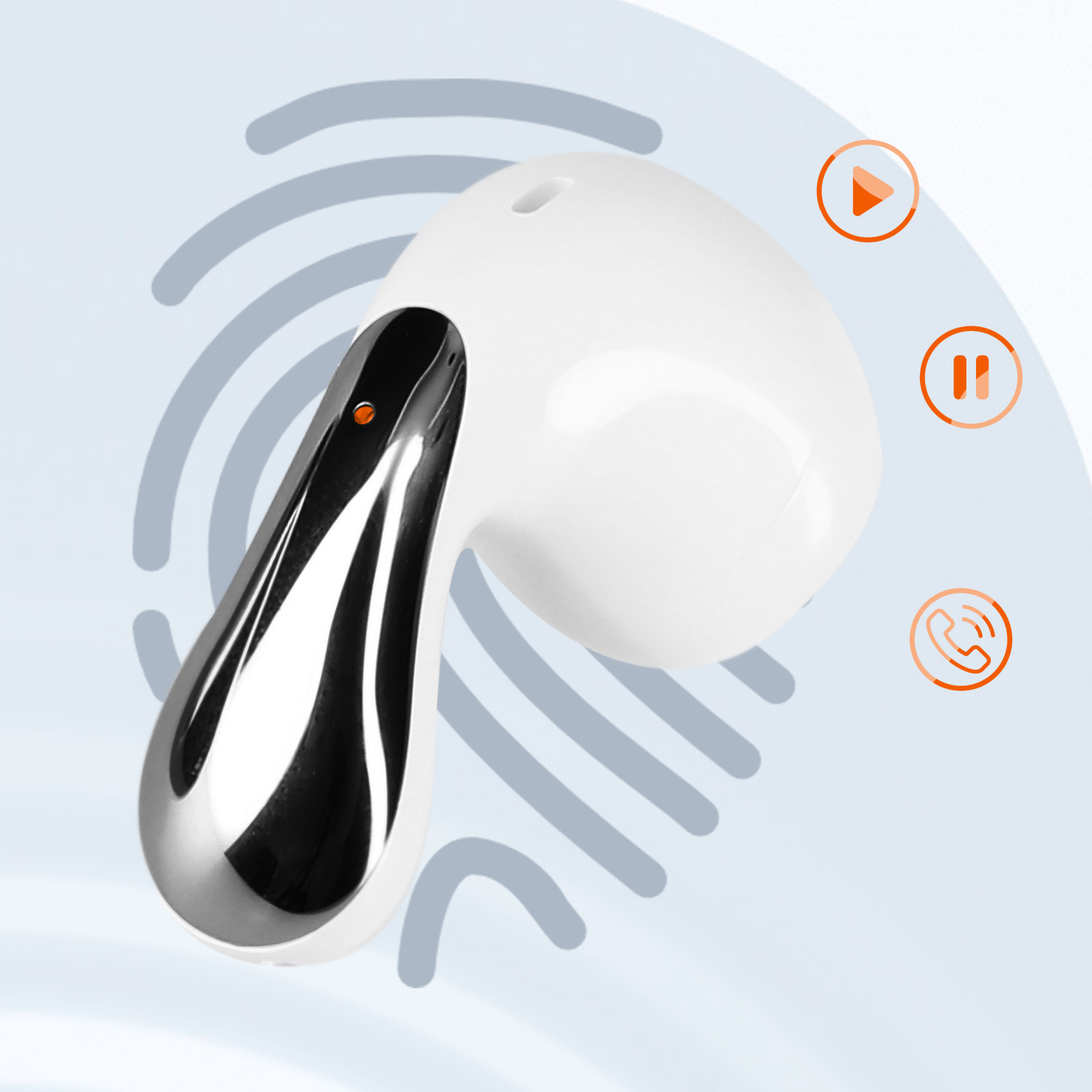 Un auricolare bianco con un design nero e argento e icone. Lo sfondo è bianco e arancione.