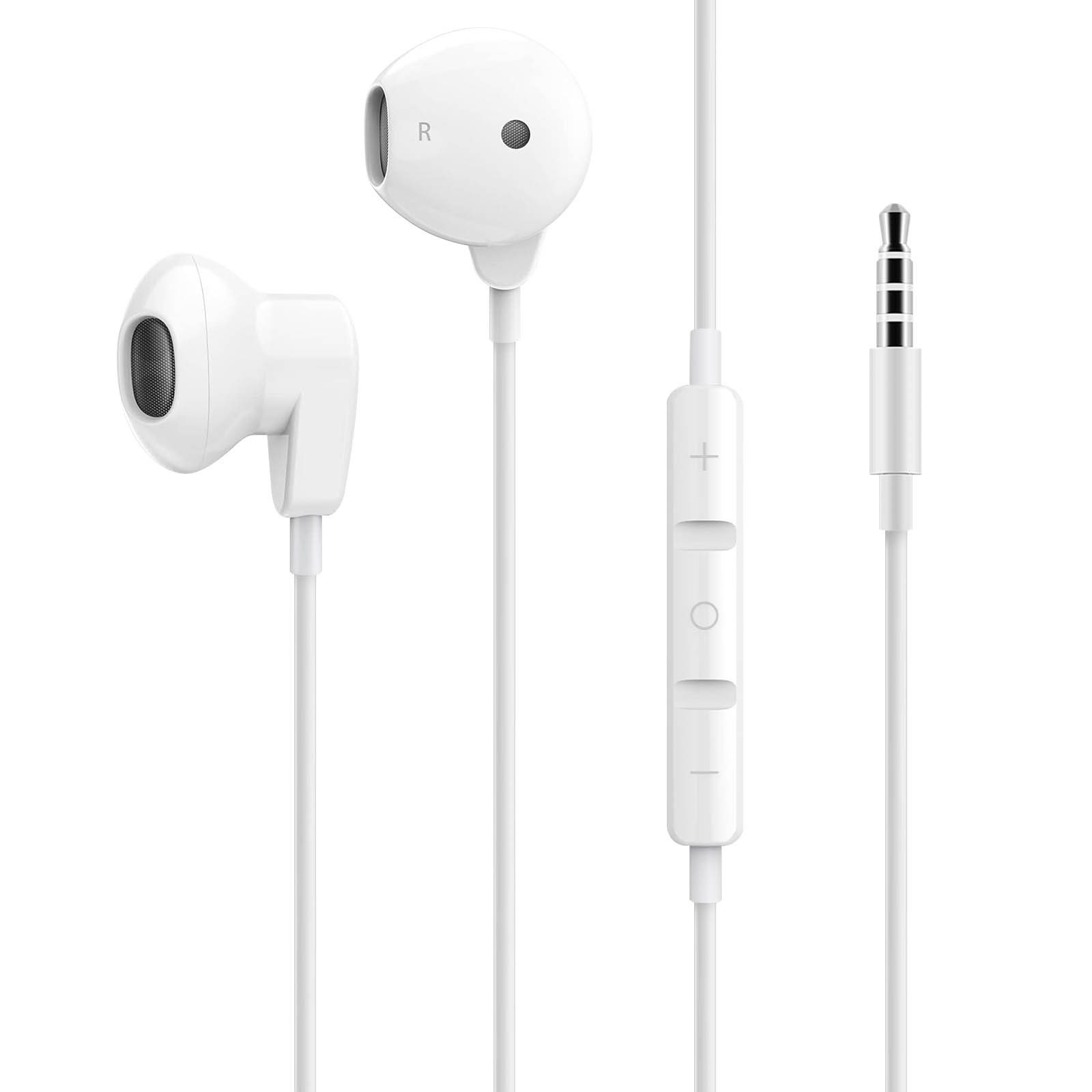 Auricolari cablati bianchi con microfono e controllo del volume e pausa.