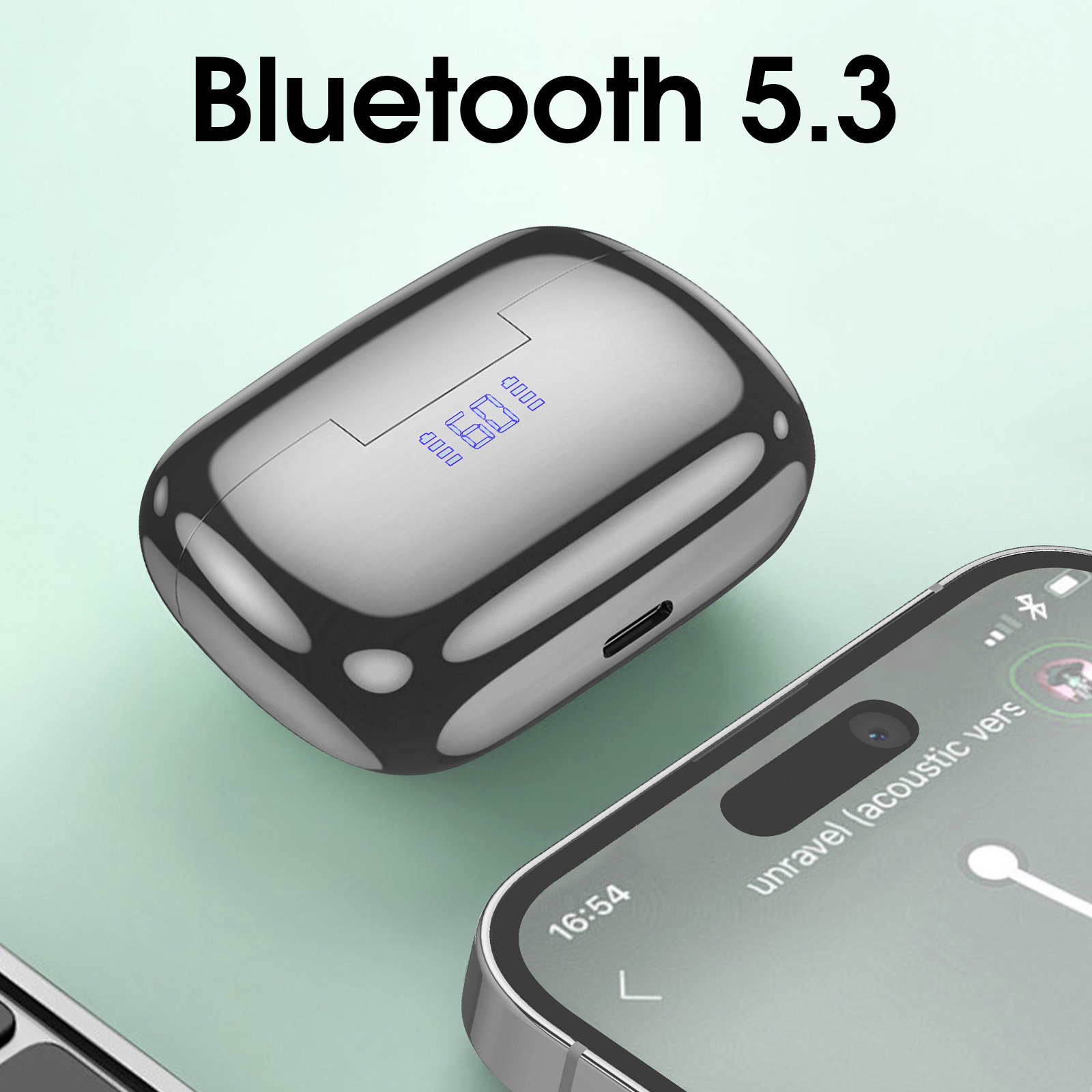 Auricolari e custodia, telefono che mostra l'app musicale. Viene visualizzato Bluetooth 5.3.