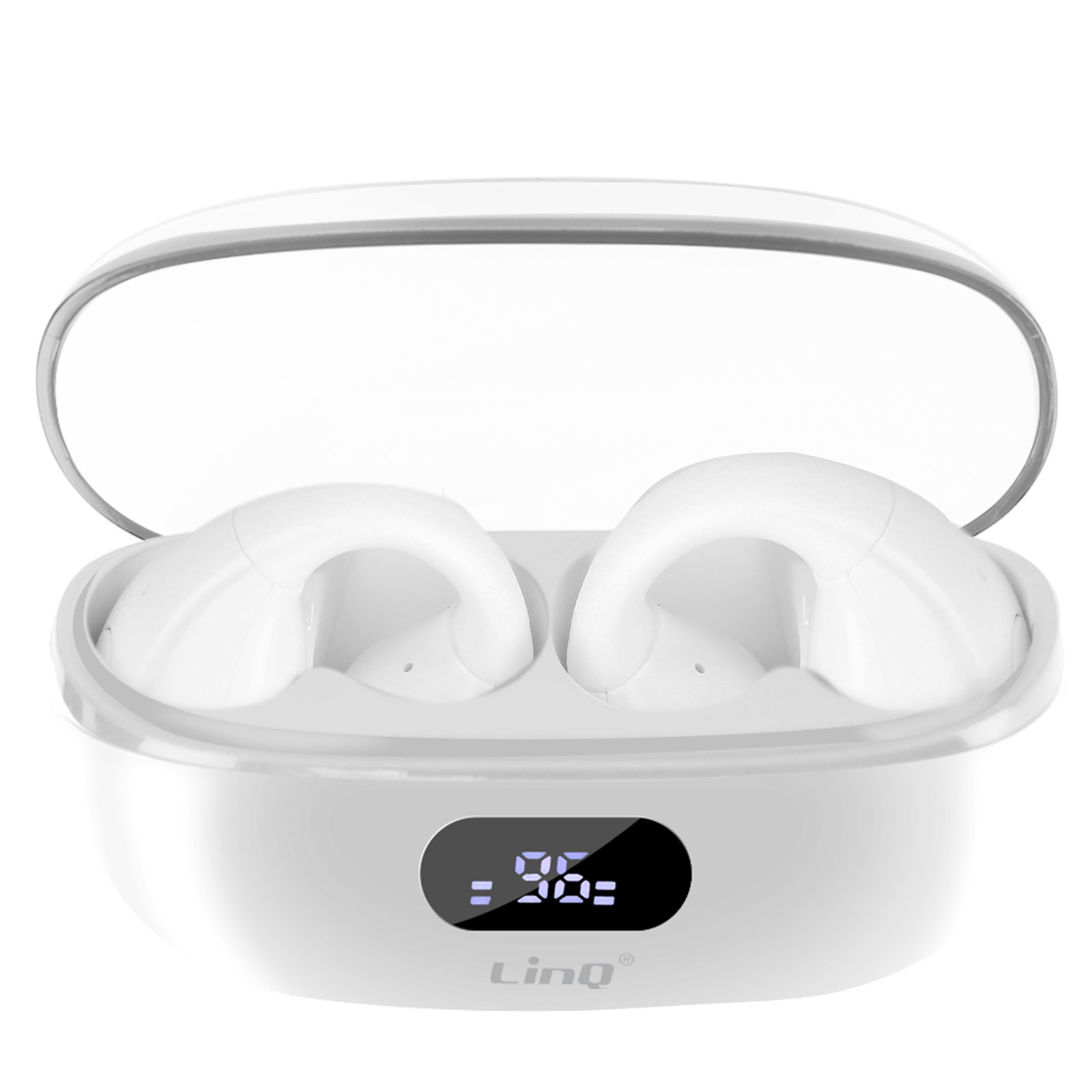 Juego de auriculares blancos dentro de un estuche de carga, con pantalla digital.