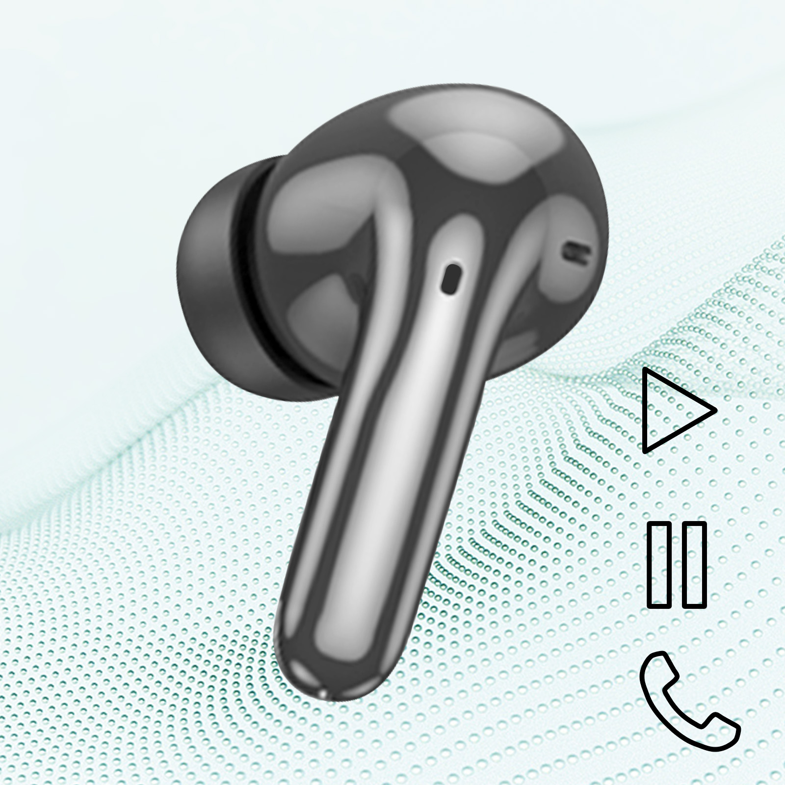 Un auricolare wireless nero. Le icone di riproduzione, pausa e chiamata telefonica sono a destra.