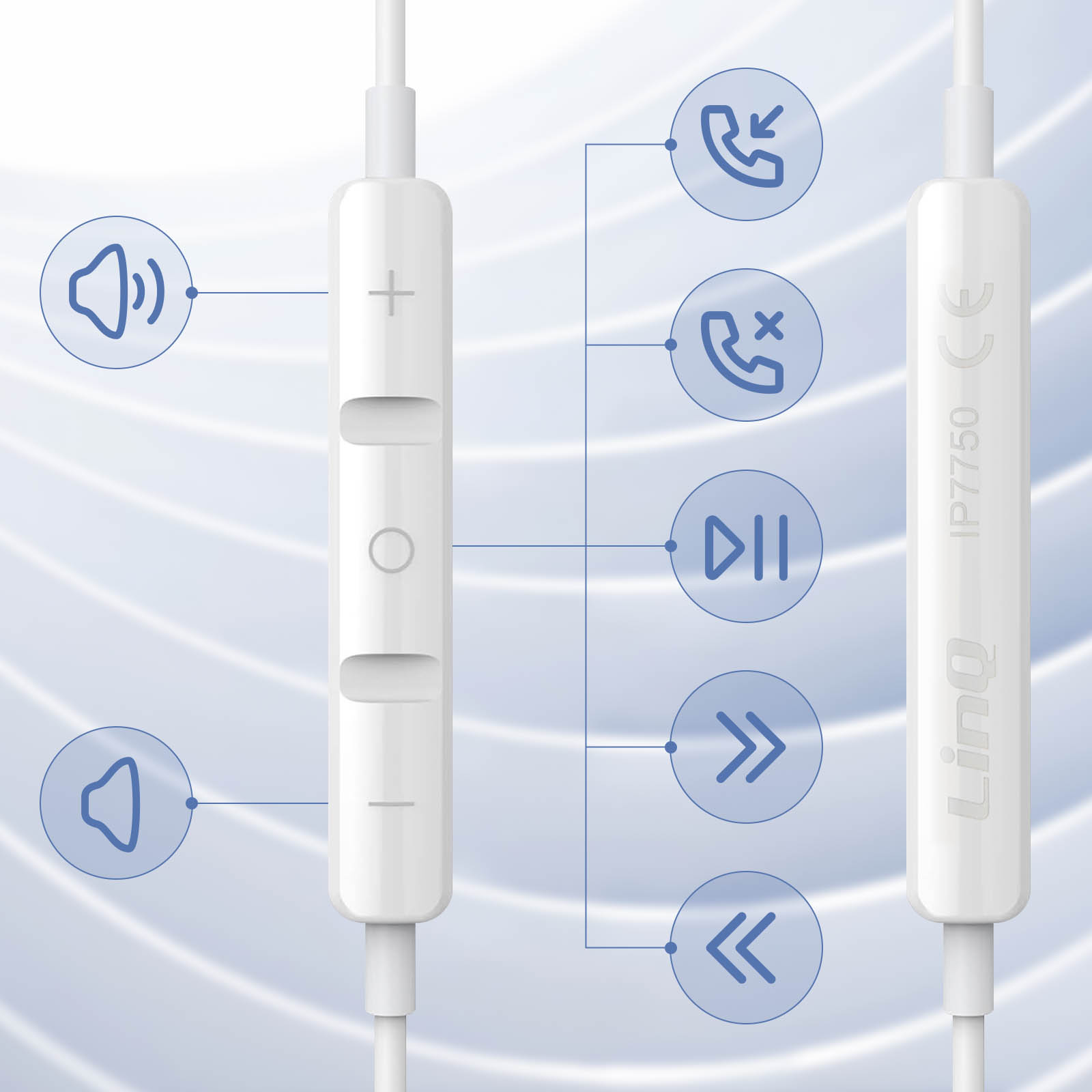 Primo piano dei pulsanti di controllo bianchi su un cavo per cuffie bianco. Icone per i controlli audio e multimediali.