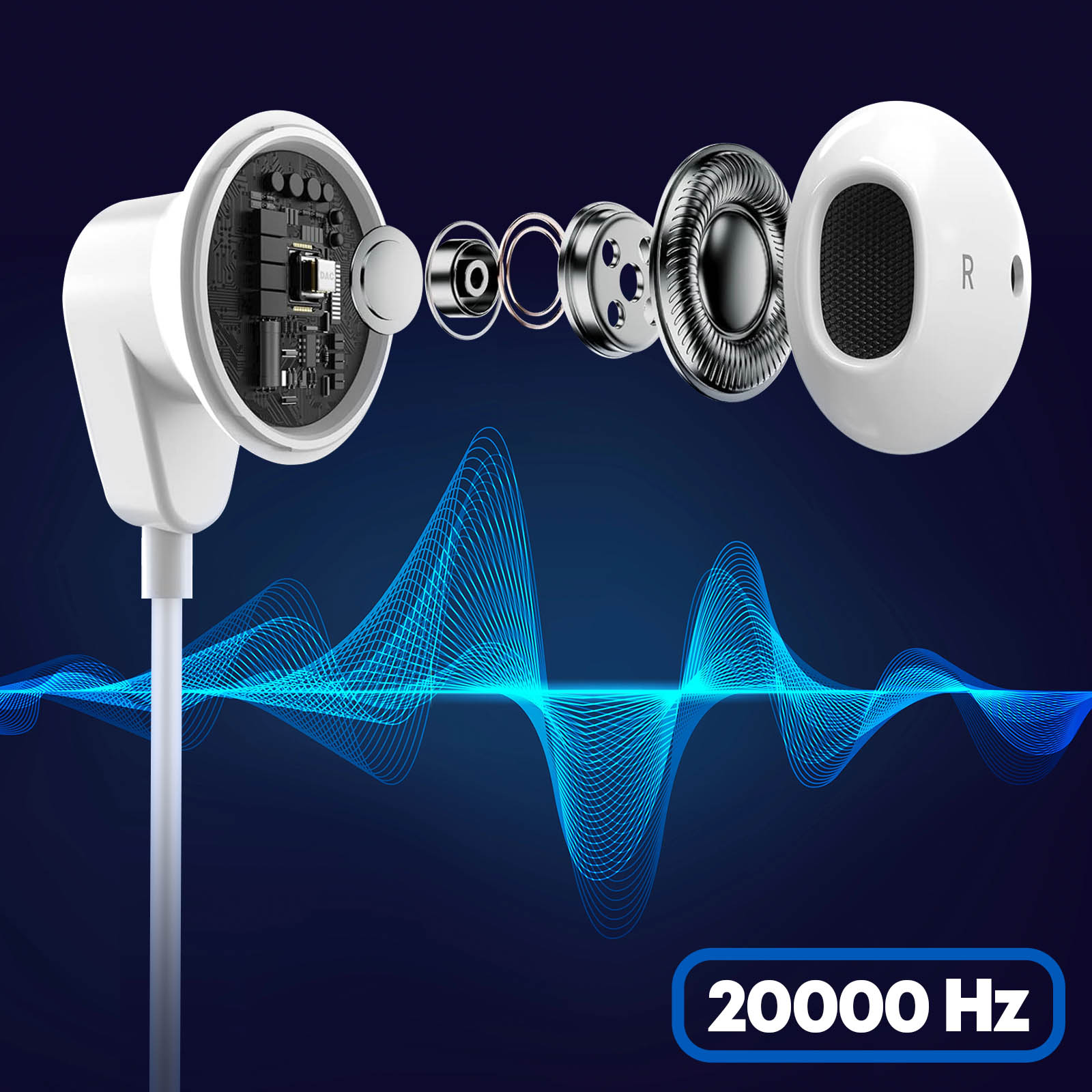 Auricolari con componenti interni mostrati e un'onda sonora blu.
