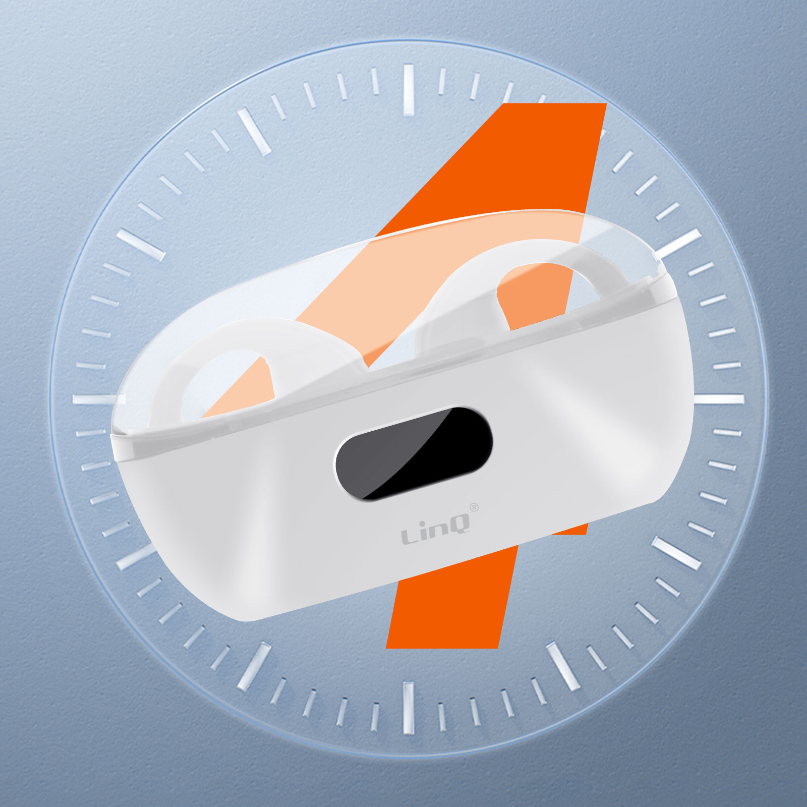 Un dispositivo blanco, de forma ovalada, con asas, colocado delante de un gráfico de reloj.