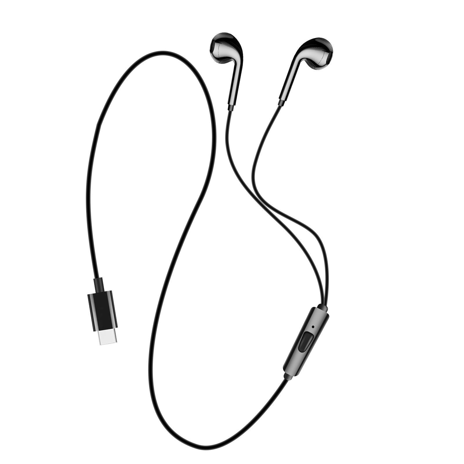 Auricolari neri cablati con connettore USB-C e modulo di controllo su sfondo bianco.