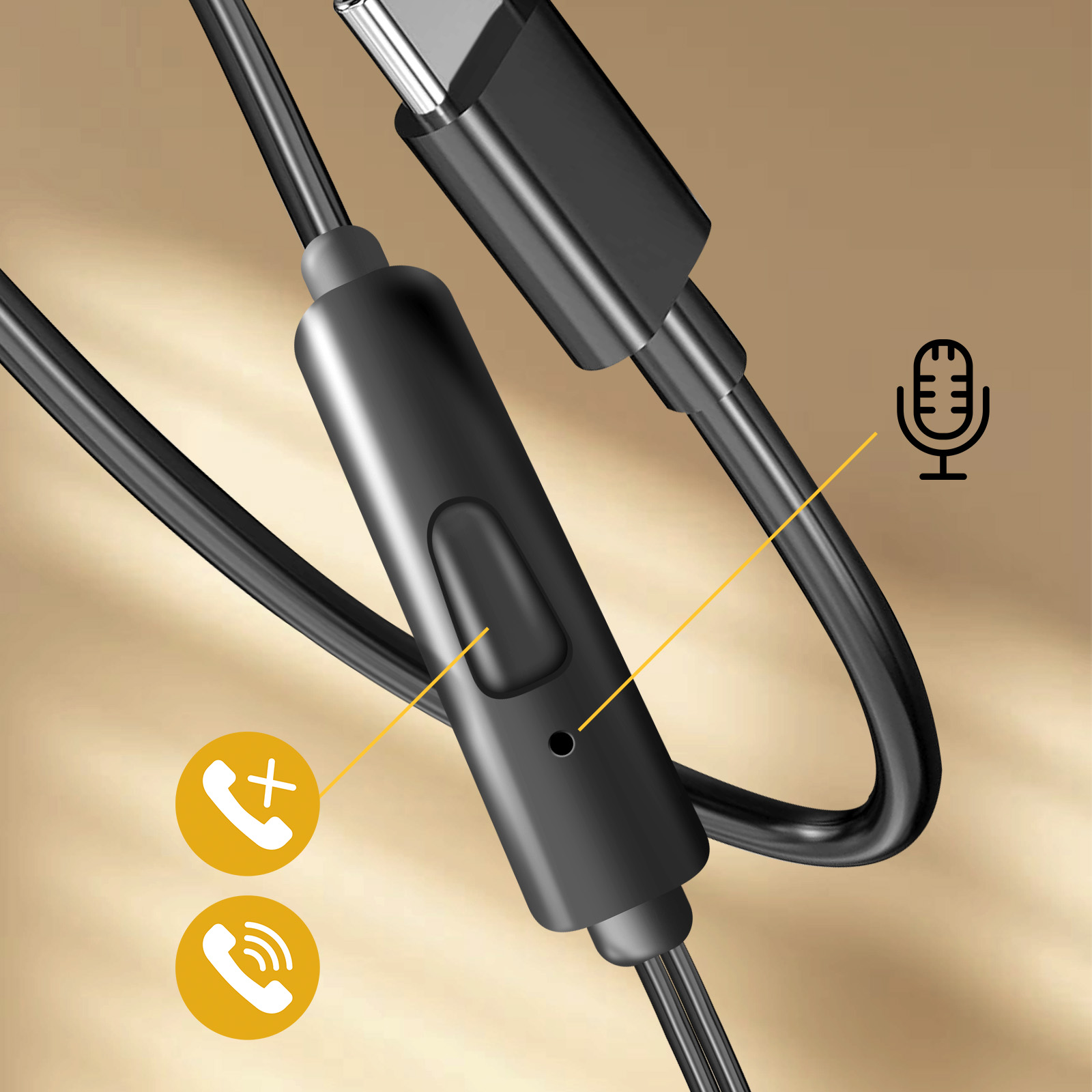 Cavo nero con connettore USB-C. Sono visibili i pulsanti di controllo del volume e del microfono.