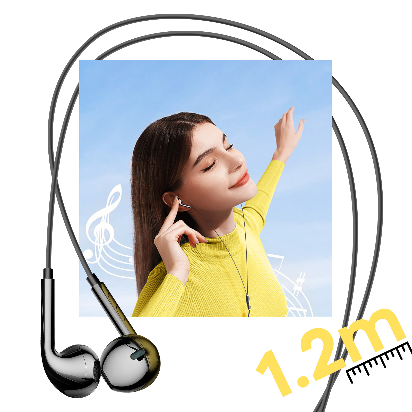 Donna con auricolari, sorridente. Cuffie argentate. Cielo blu e note musicali sullo sfondo.
