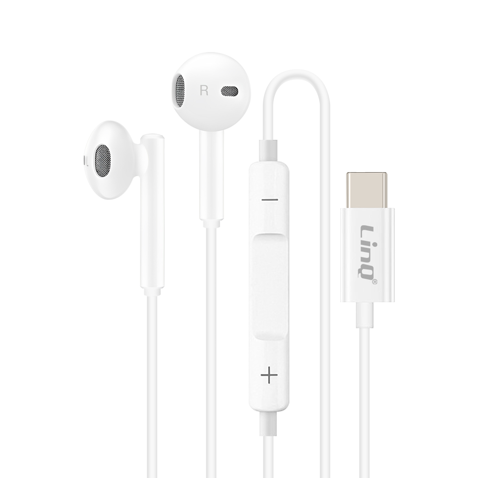 Auricolari bianchi cablati con un pannello di controllo e un connettore USB-C. Sfondo bianco.