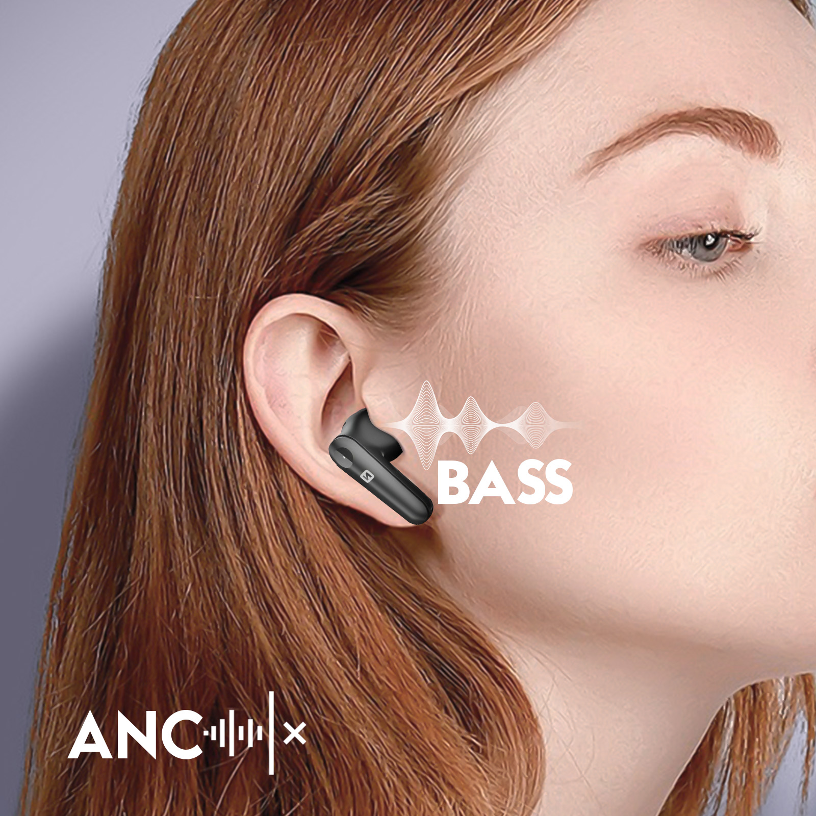Donna con auricolare nero. Testo 'BASS' e onde sonore mostrate.