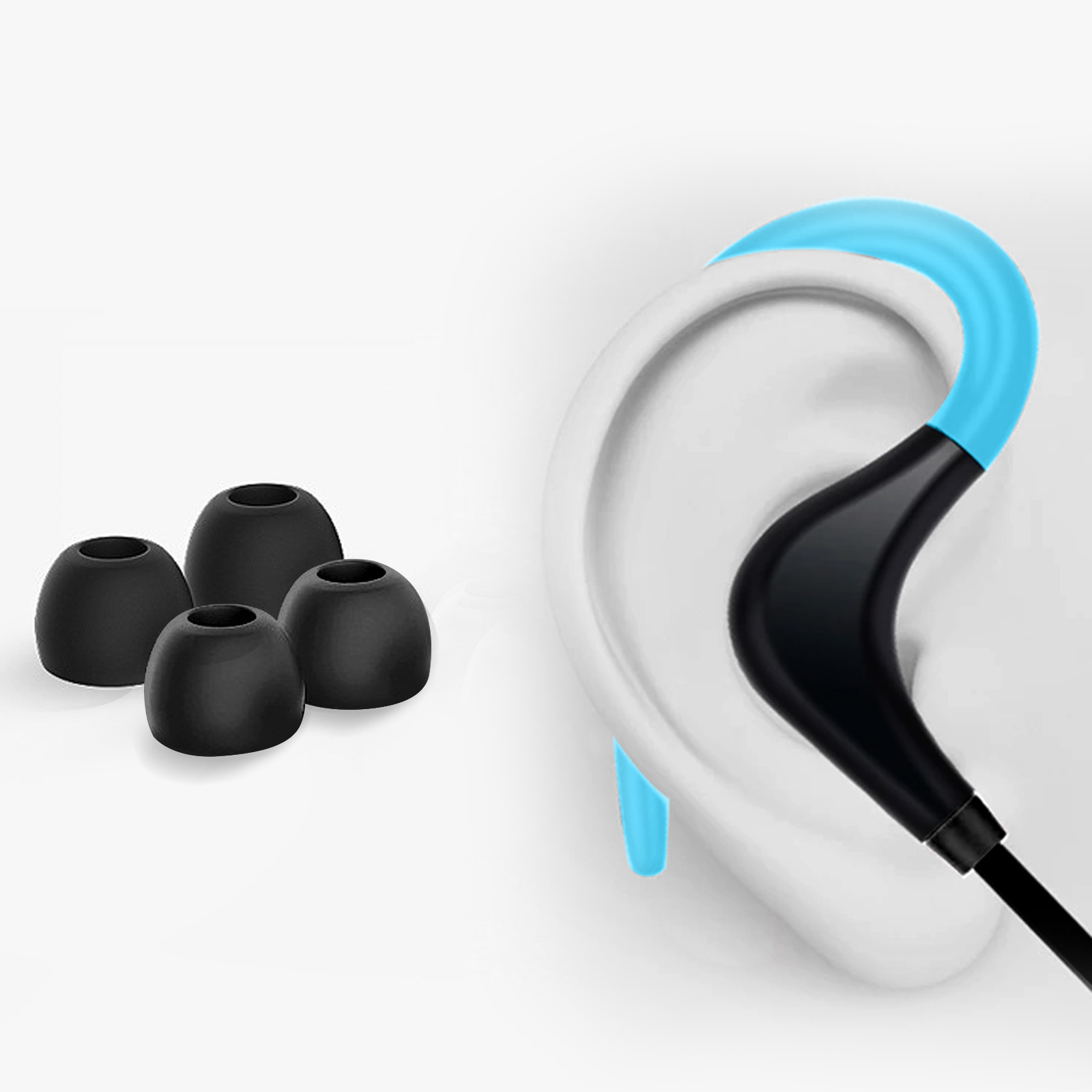 Auricolare nell'orecchio, con gommini neri di ricambio. L'auricolare ha un accento blu.