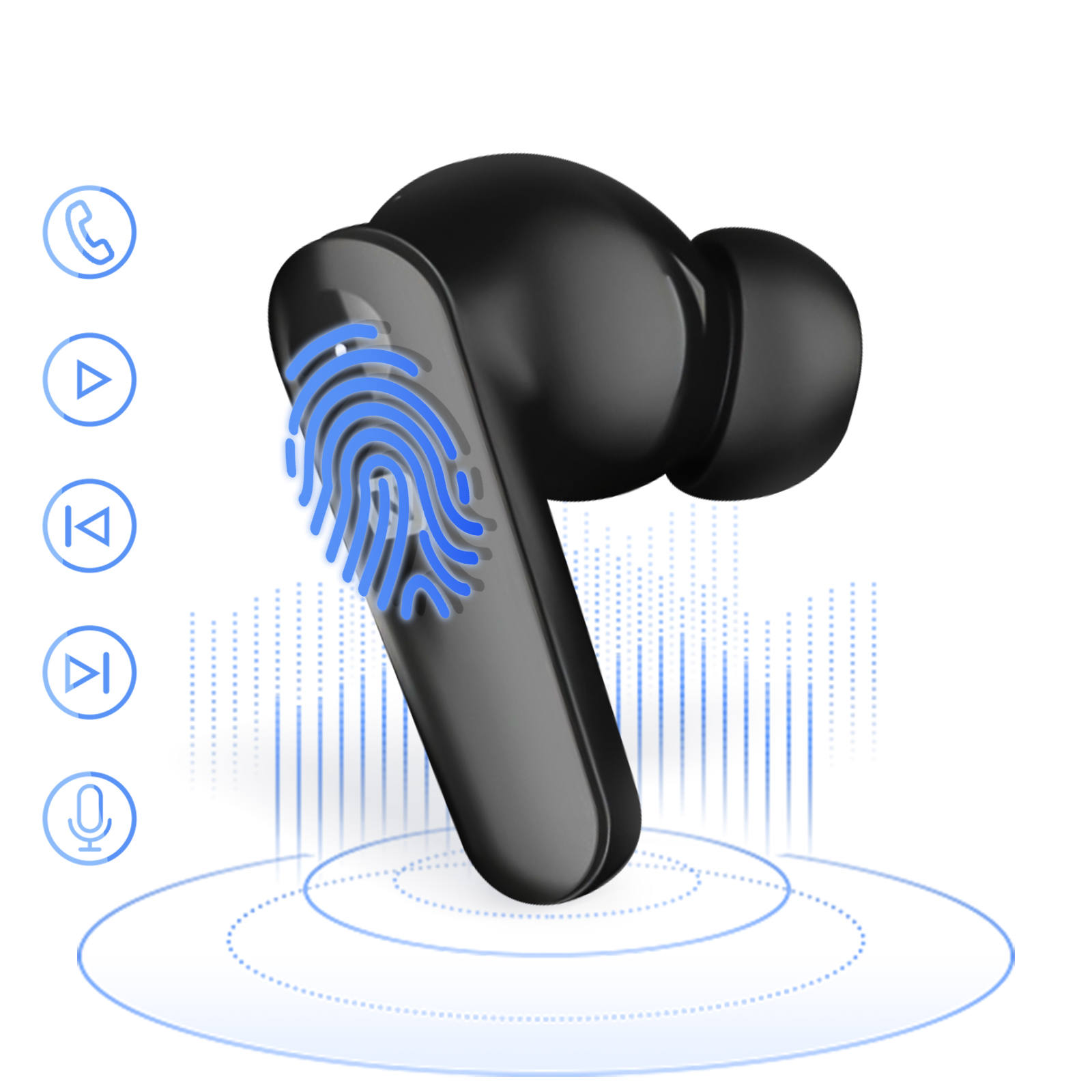 Auricolare nero. Icona impronta digitale blu sul lato. Onde sonore e icone a sinistra.