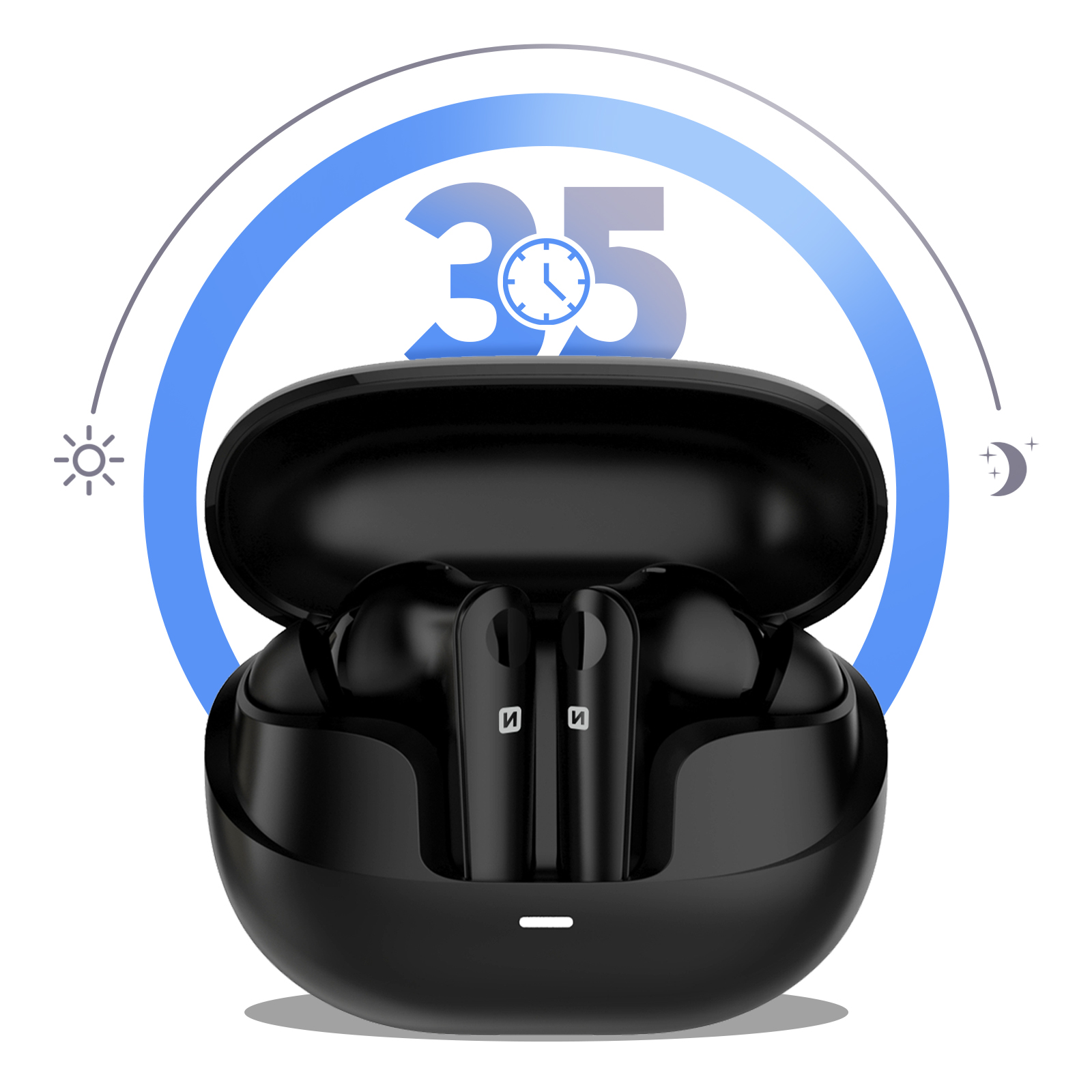 Auricolari wireless neri in custodia di ricarica nera, con 35 ore di utilizzo. Sfondo bianco.