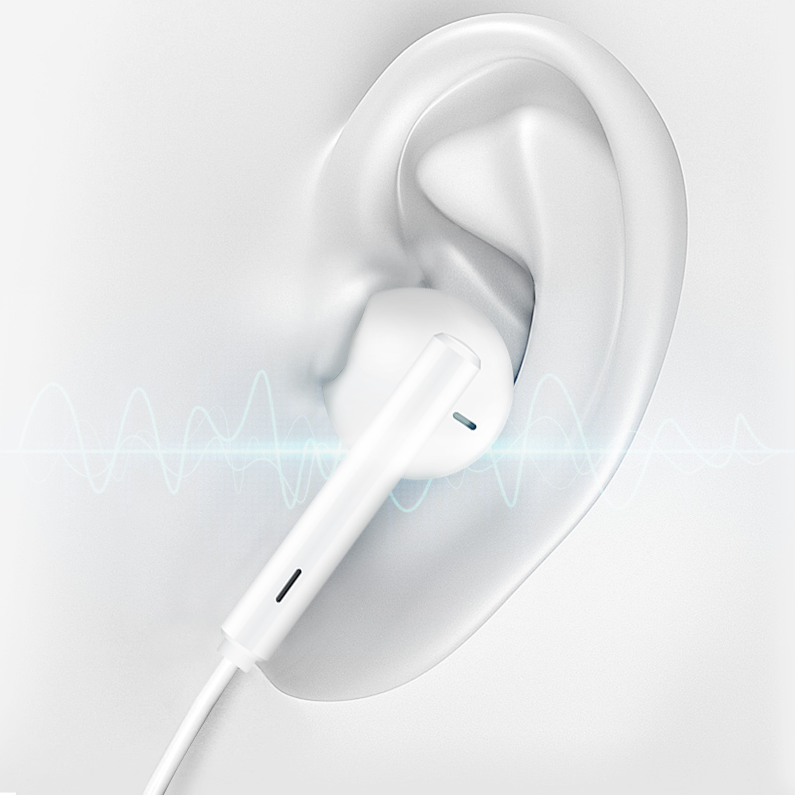 Auricolare bianco in un orecchio, con onde sonore. L'attenzione è sull'auricolare.