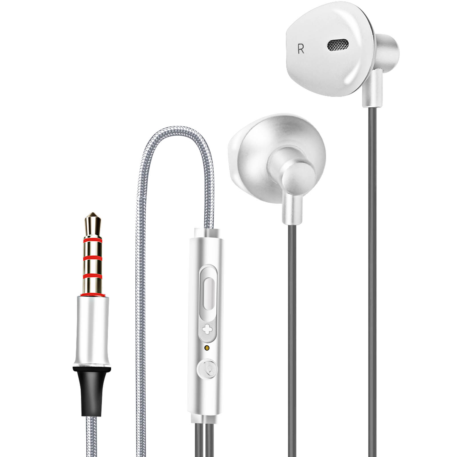 Auriculares blancos con micrófono y conector de audio de 3,5 mm. El cable es plateado.