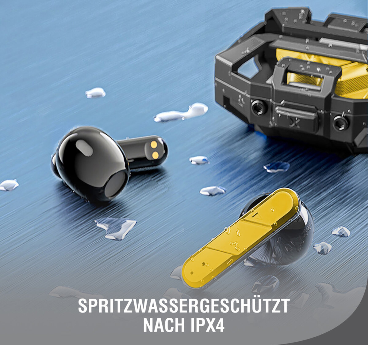 Auricolari neri e gialli, gocce d'acqua su superficie blu. Testo: Resistente agli spruzzi IPX4.