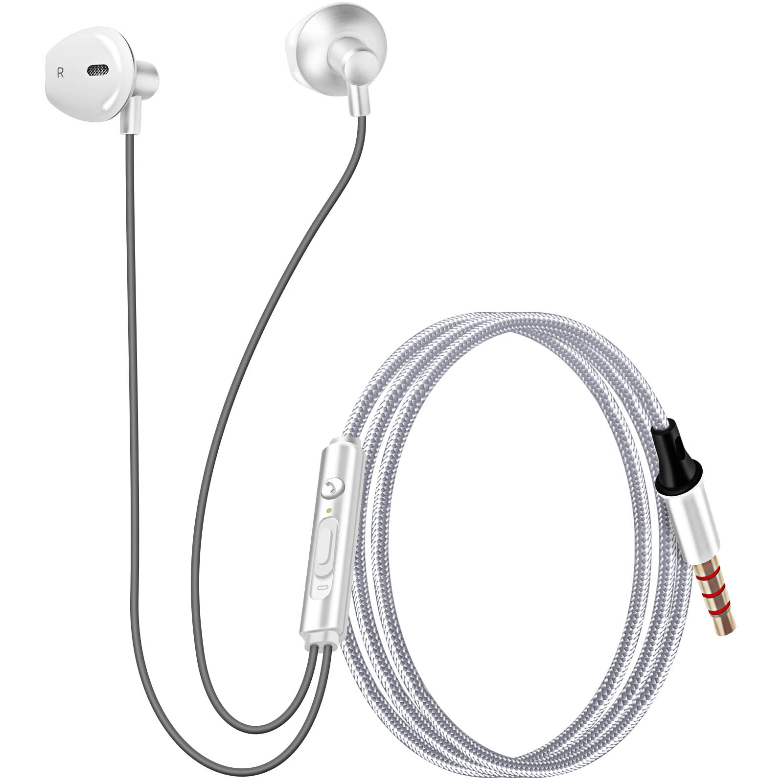 Auriculares blancos con cable trenzado plateado y un módulo de control. Se ve un conector de 3,5 mm.