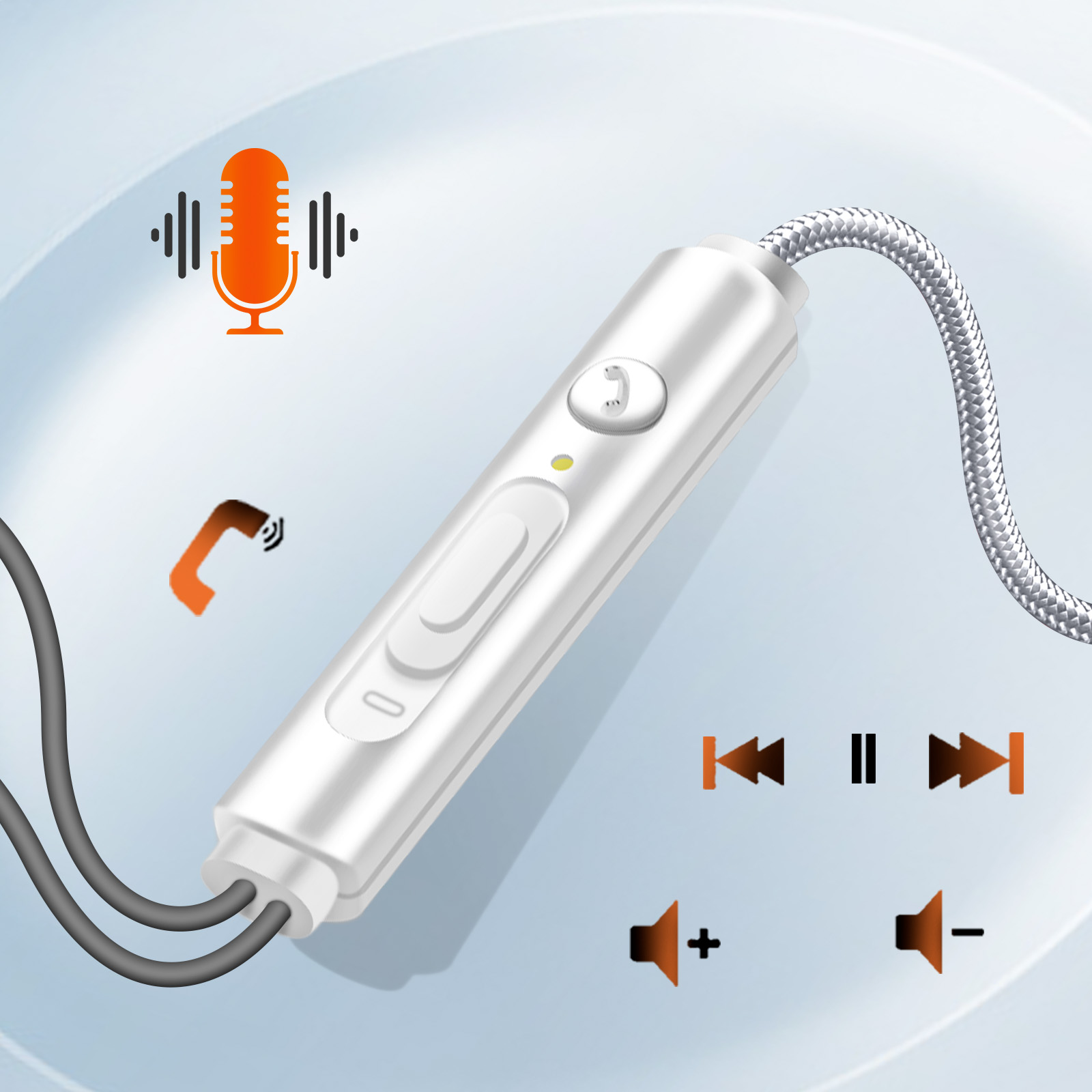 Un panel de control blanco con controles de auriculares y un icono de micrófono. Incluye botones de reproducción, pausa y volumen.