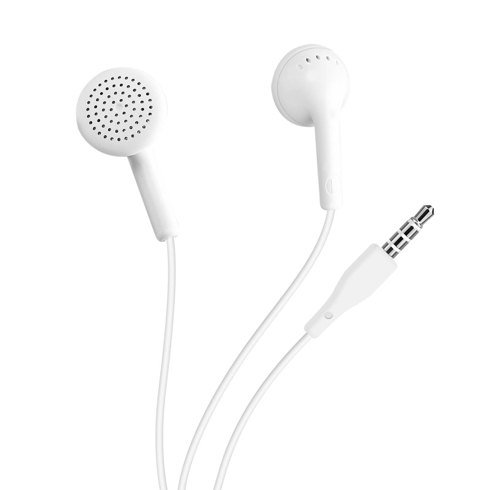Auricolari bianchi e connettore bianco. Sfondo bianco.