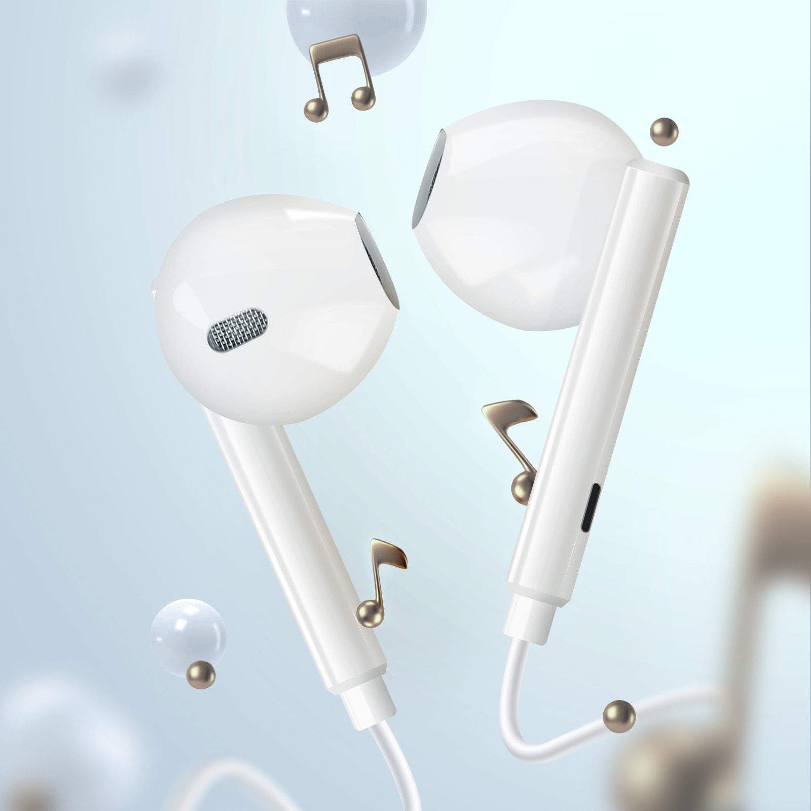 Dos auriculares blancos con cables y notas musicales flotando.