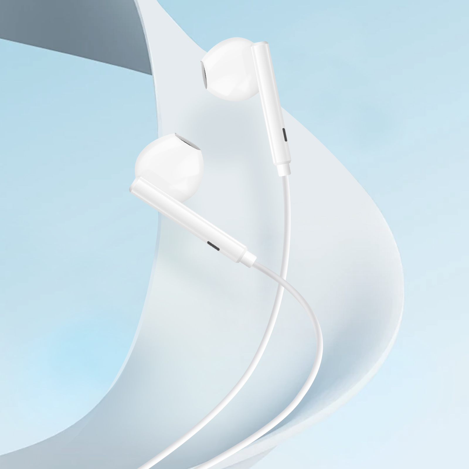 Auriculares blancos con cable blanco. Fondo azul.