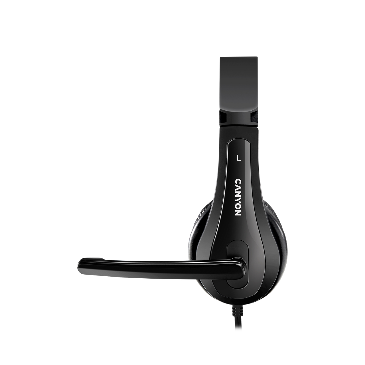 Czarny zestaw słuchawkowy Canyon. Ma mikrofon. Białe tło.