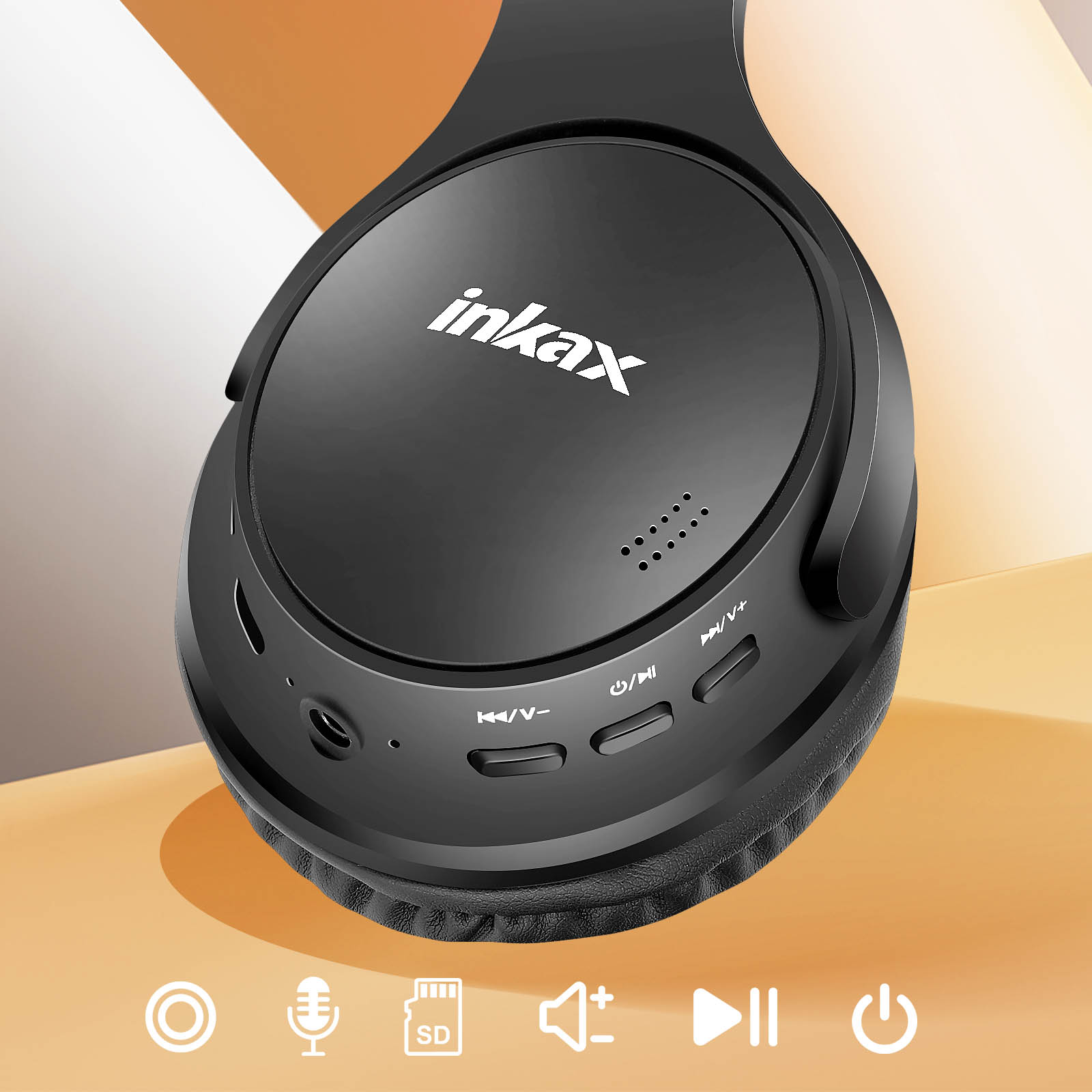 Casque sans fil noir. La marque "inkax" est visible.