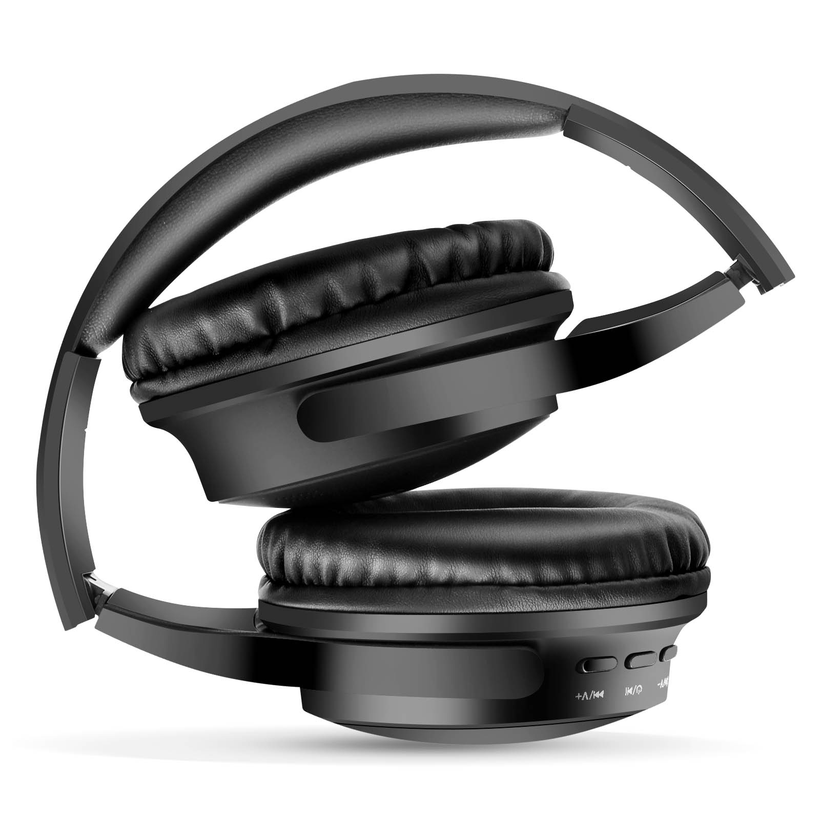 Casque noir pliable. Les commandes sont sur le côté.