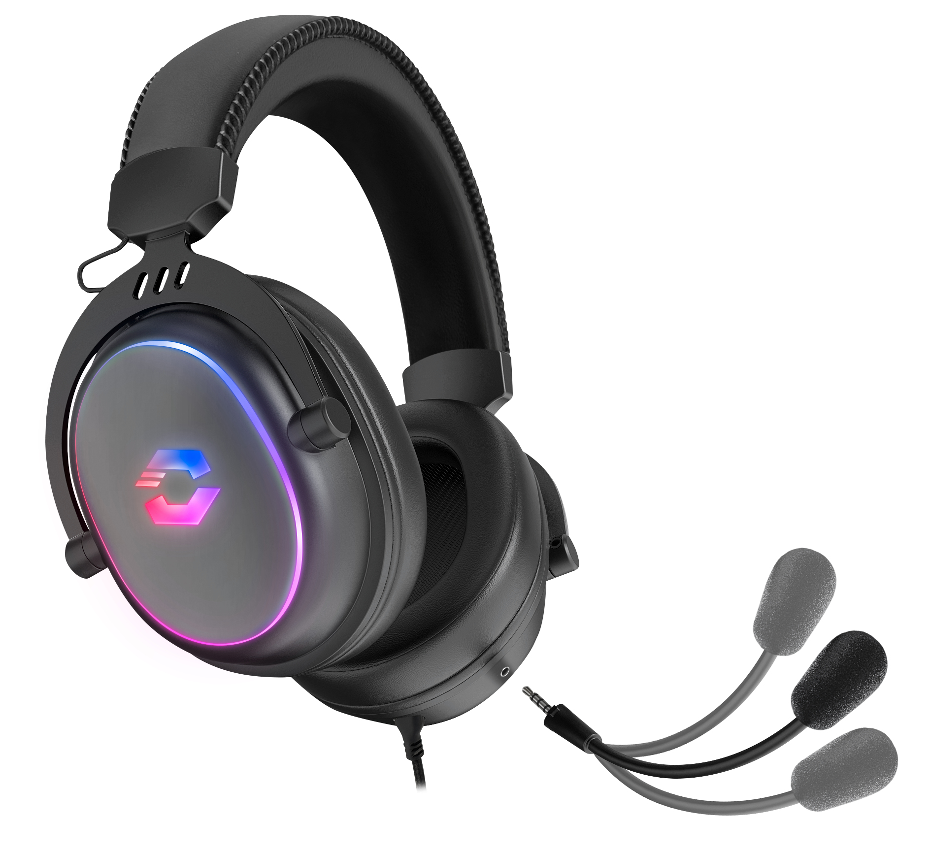 Schwarzes Gaming-Headset mit Mikrofon. Weißer Hintergrund.