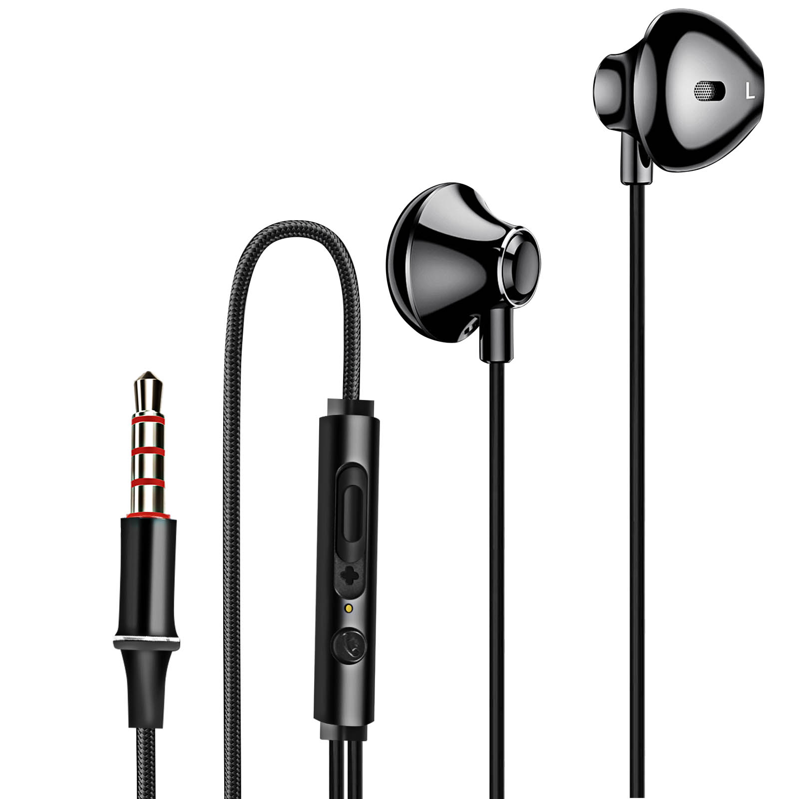 Cuffie in-ear nere con microfono e jack da 3,5 mm, sfondo bianco.