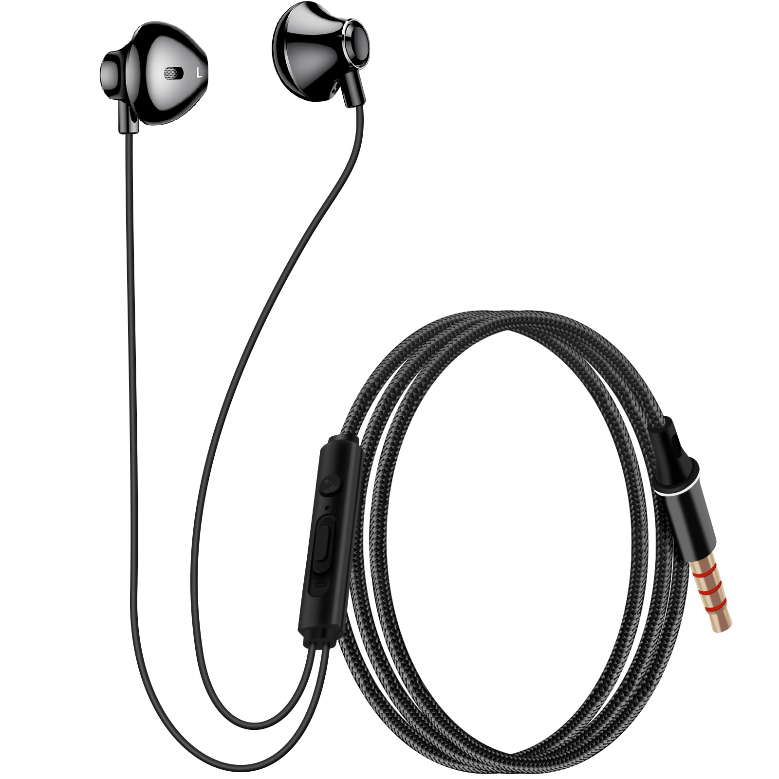 Auricolari neri con modulo di controllo e cavo nero intrecciato con spina dorata.