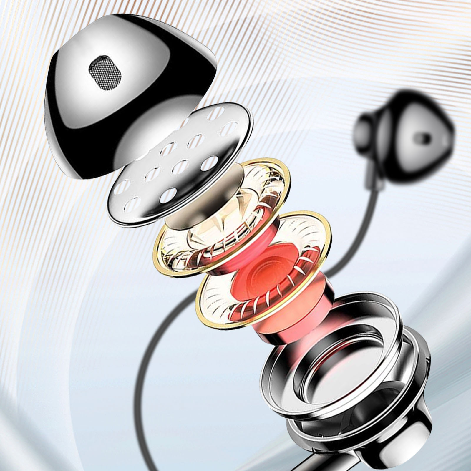 Vista esplosa di auricolari in-ear che mostra i componenti interni.