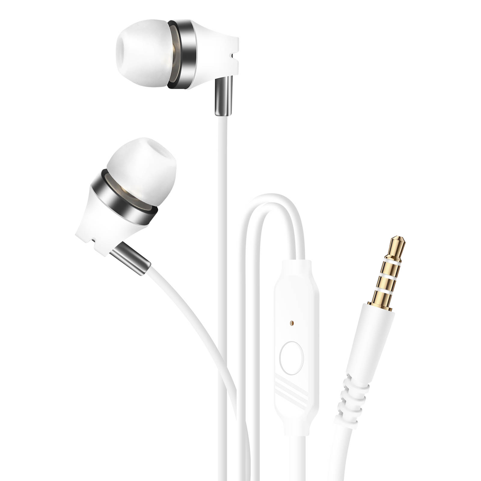 Auricolari bianchi con dettagli argento e cavo bianco. Telecomando e jack da 3,5 mm.