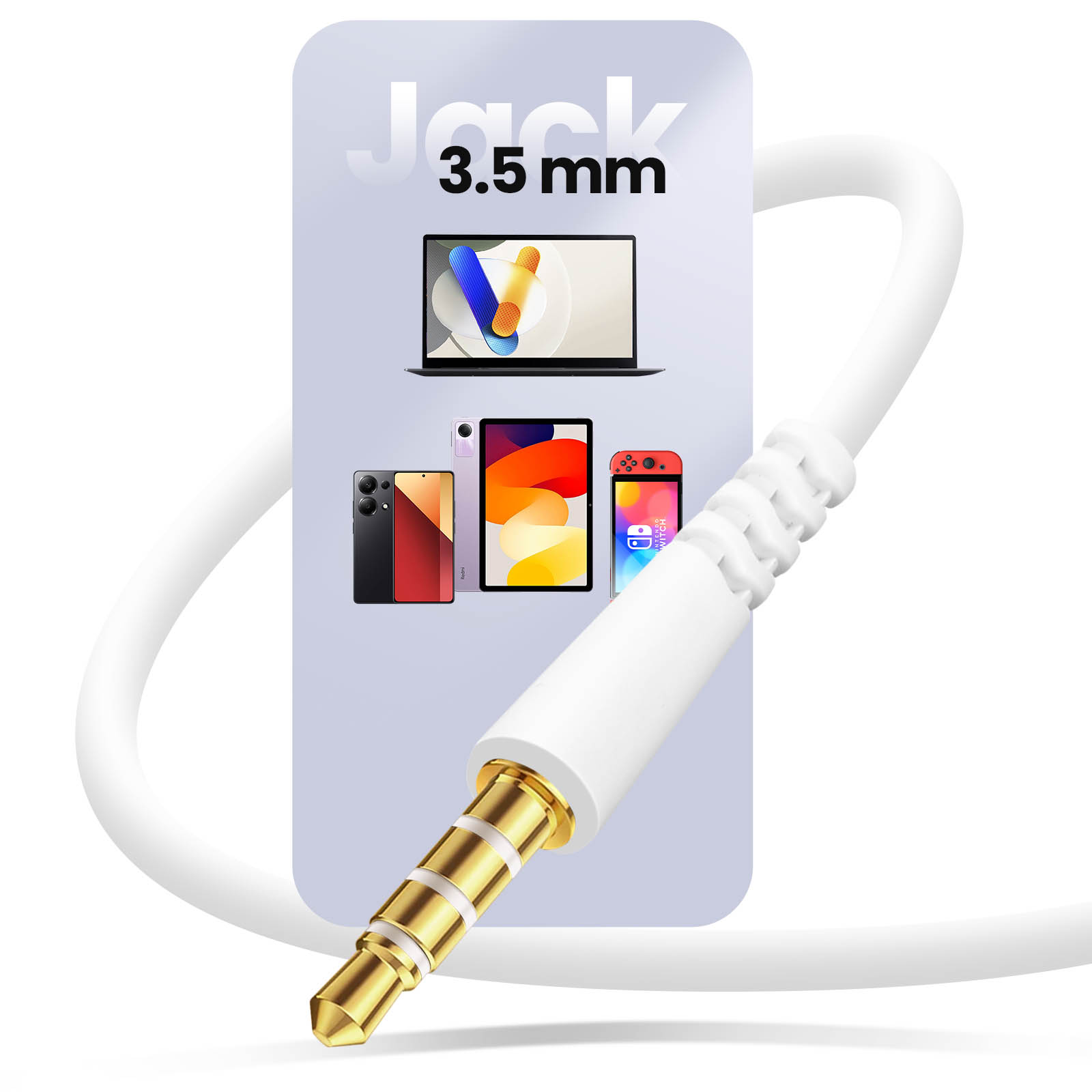 Un cavo bianco con jack placcato oro da 3,5 mm e dispositivi mobili.