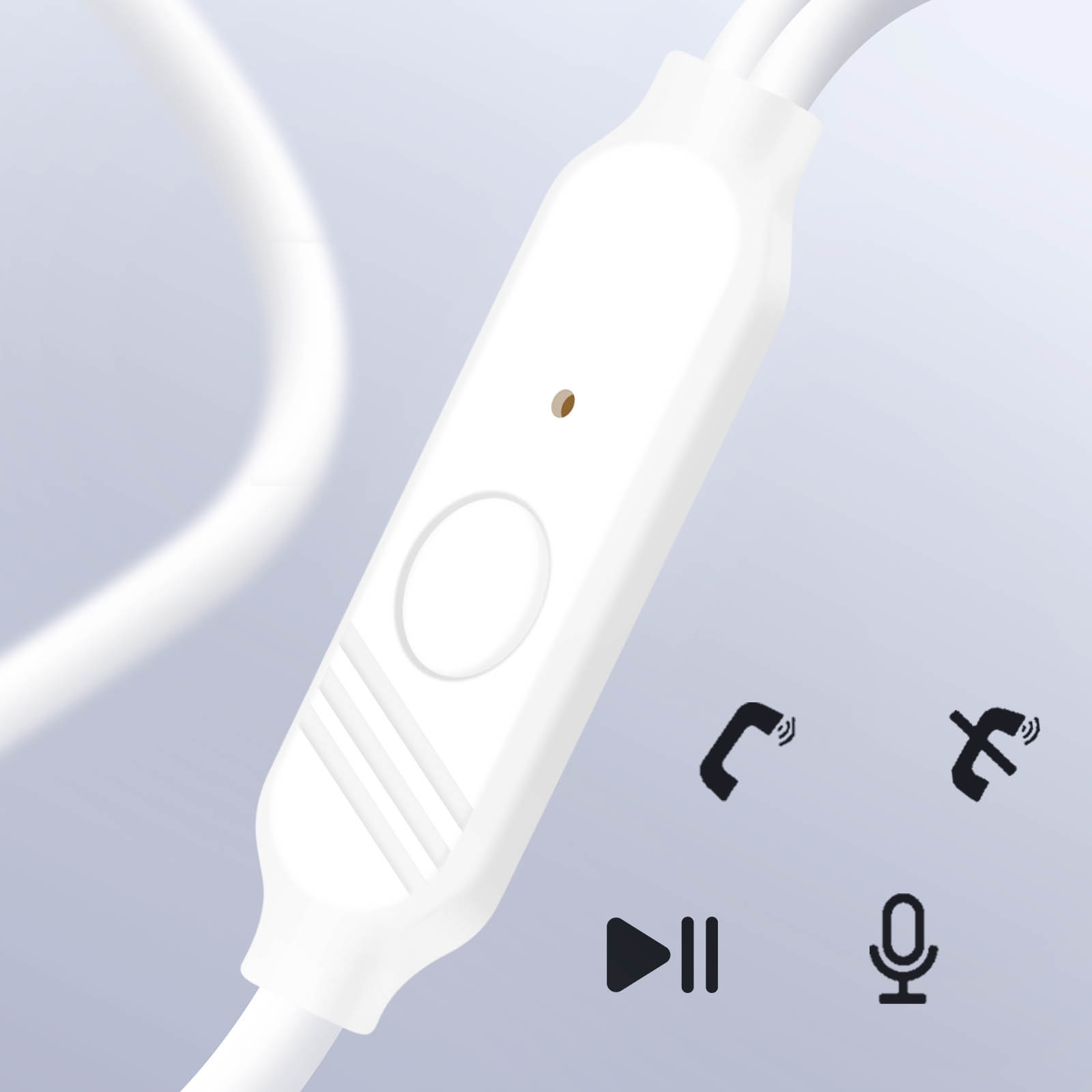 Controllo cuffie bianco con icone di riproduzione, chiamata e muto. Cavo e auricolari bianchi visibili.