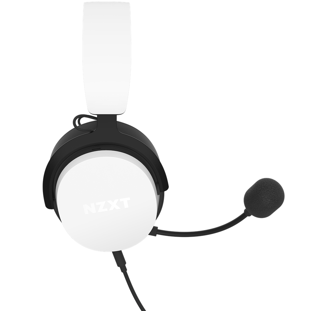 Weißes und schwarzes Headset mit Mikrofon. Das Headset befindet sich auf weißem Grund.